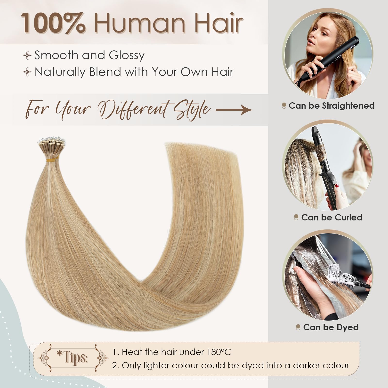 Elailite Nano Beads Extension Real Human Hair 50 Strands 50g Cold Fusion With Nano Ring Remy Hair Straight Highlighted (#18/613 Ash Blonde Mix Bleach Blonde - Image 4