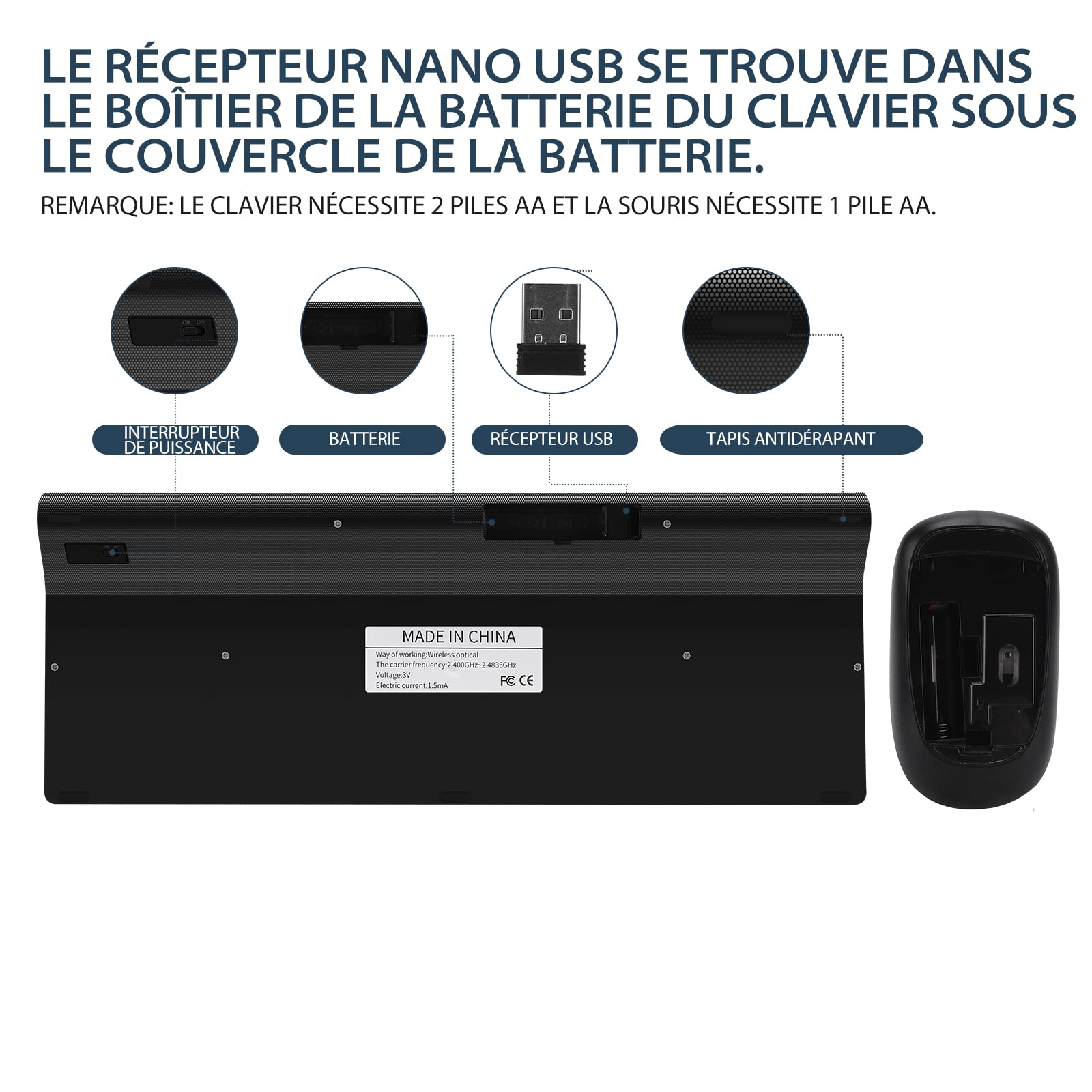 Impression Grand Format Pleine Grandeur 2.4G azerty Clavier et Souris sans Fil, Impression Grand Format surdimensionnée pour Les Malvoyants, Seniors, Enfants, Bureau et Usage