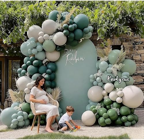 Miniatura 7 de Kit de arco de globos azul polvoriento, doble relleno, verde salvia, blanco polvoriento, blanco, mate, globos de látex para baby shower, cumpleaños