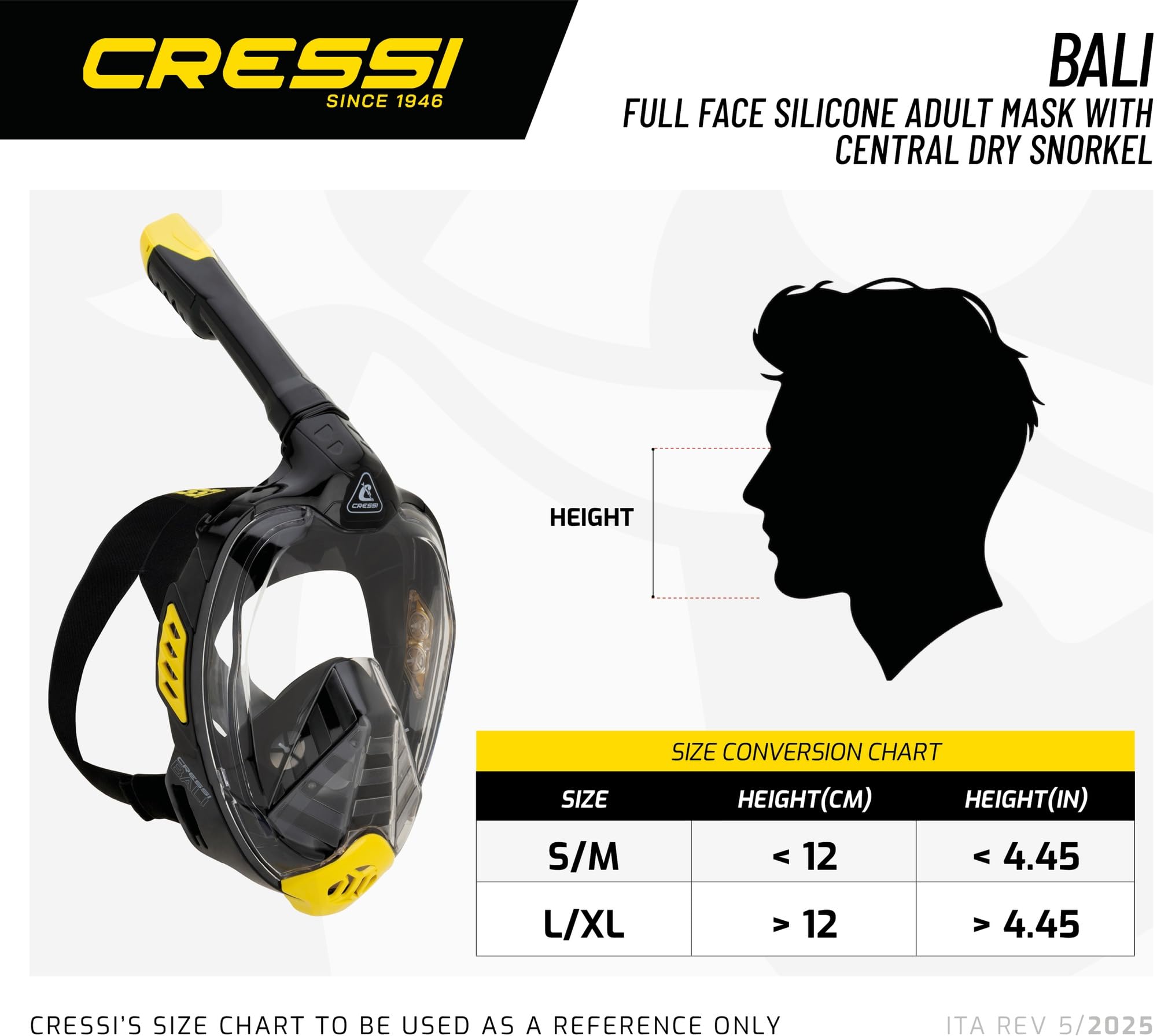 CRESSI Bali Full Face Mask White/Black L/XL - Unisex Integral Snorkel Mask, Anti Fog Clear Lens, 100% Silicone, Dry Snorkel with Float Valve, Adjustable Strap, White/Black, L/XL