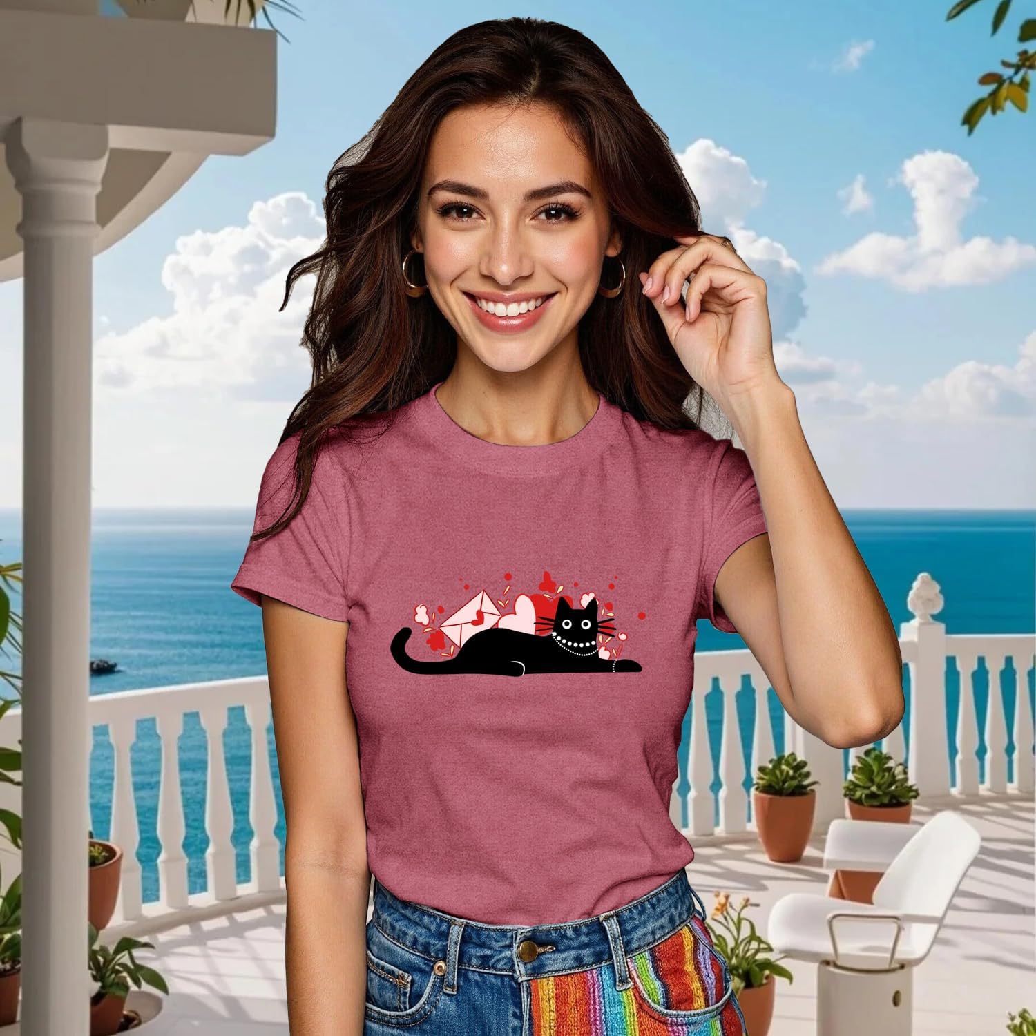Women's Valentine's Day Shirt Cat Valentine Black Cat T-Shirts Love Heart Lover Girlfriend Tee Tops - Image 2