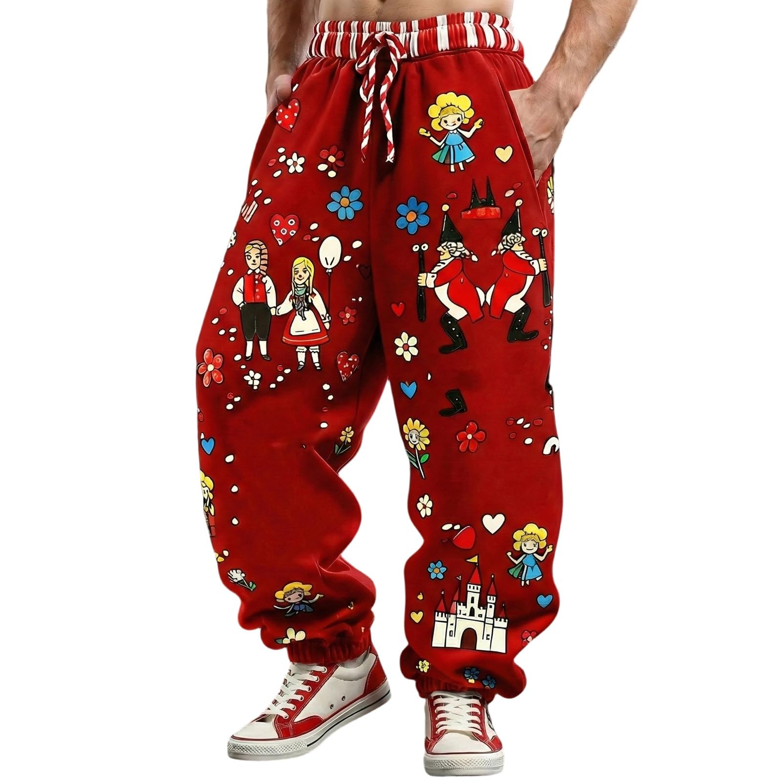 Générique Men's Harem Pants Clown Costume Carnival Clown Trousers Lapel Pattern Elastic Waist Casual Jogging Bottoms Pyjama Bottoms Baggy Pants, D Red, S