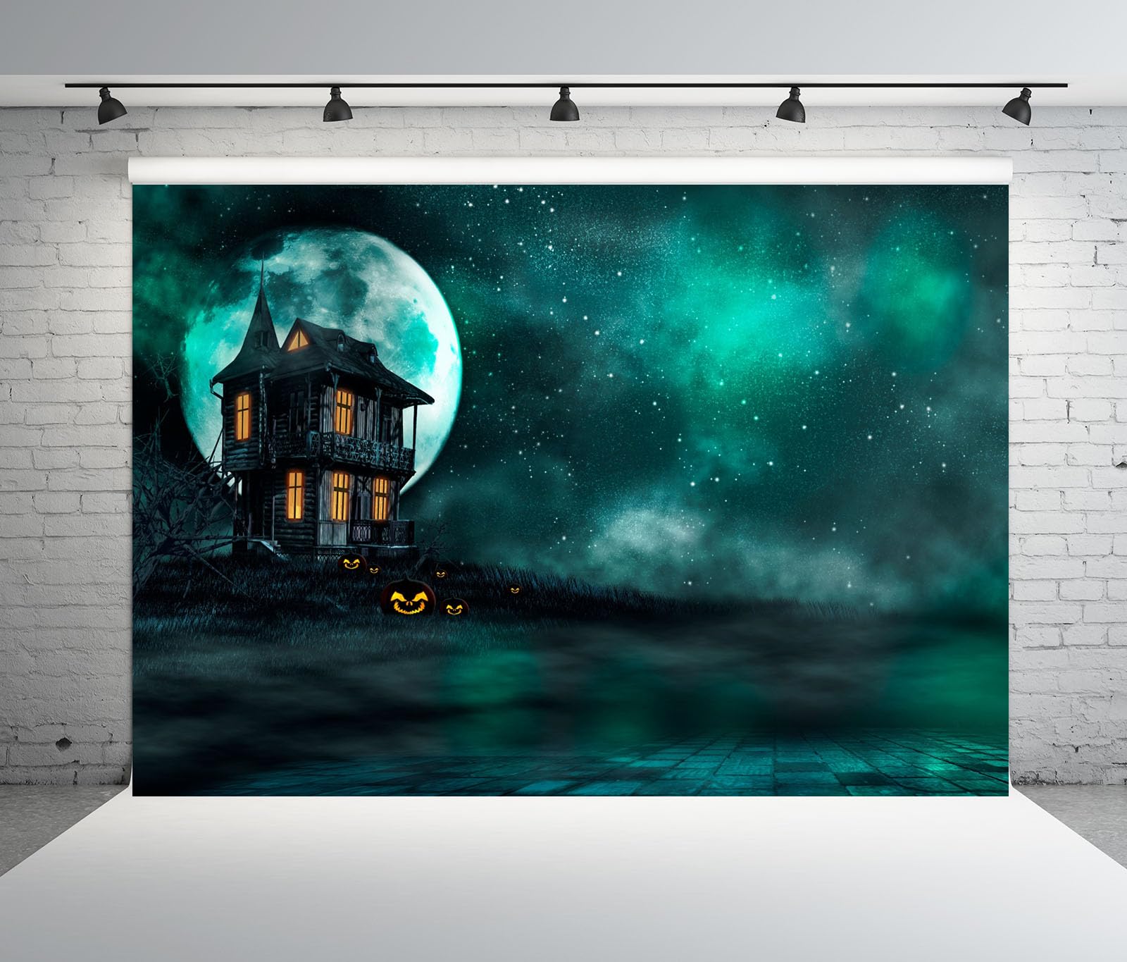 10x8FT (3x2.5m) Casa Infestata Sotto Luna Turchese Sfondo Fotografico