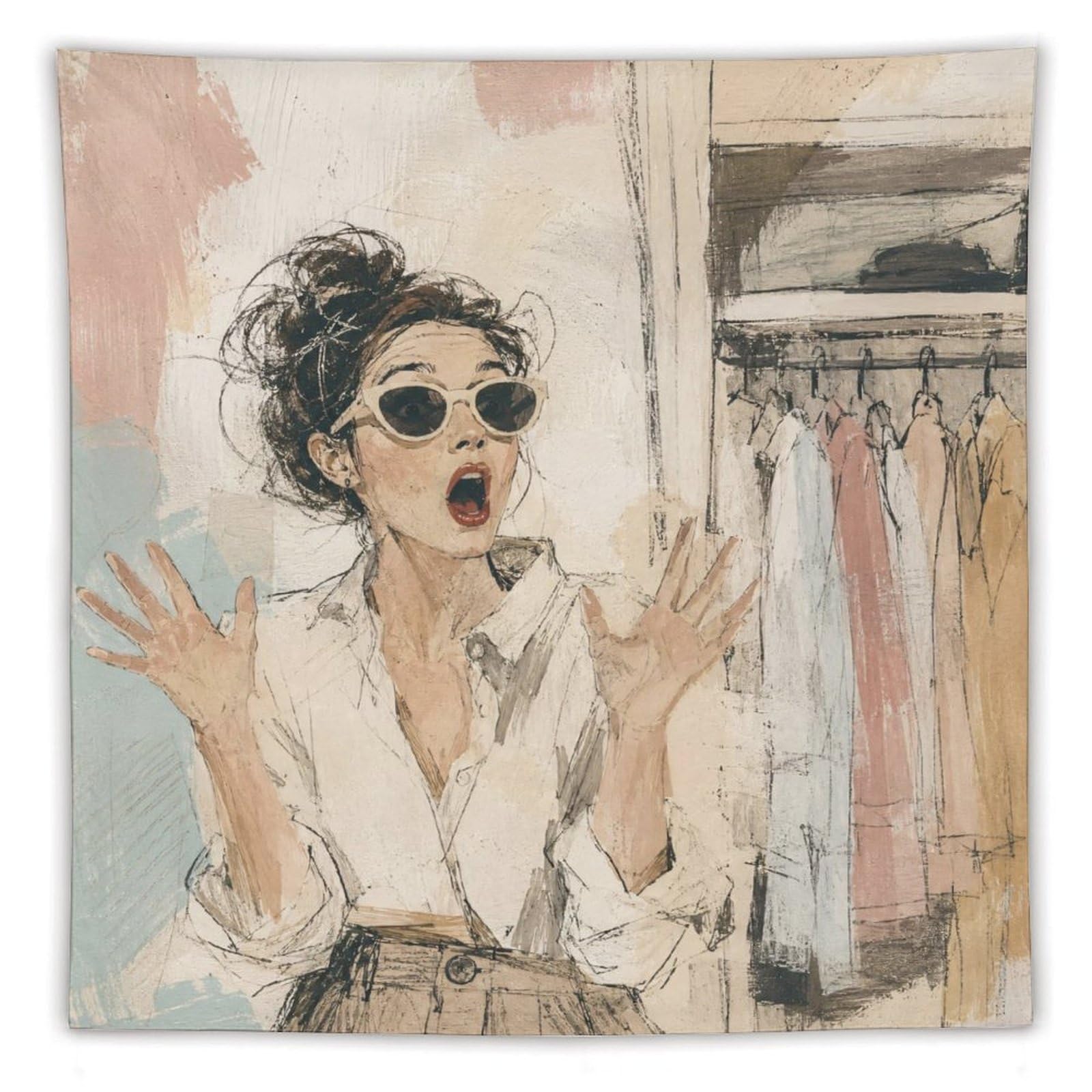 H3B8U2Y5 Surprised Fashion Woman Wall Tapestry, Watercolor Style, Office