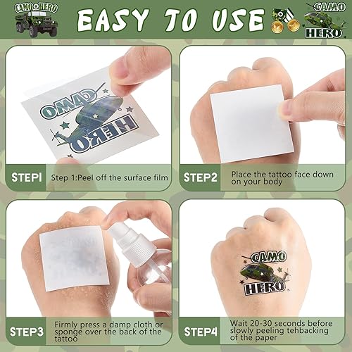 Miniatura 2 de 144 hojas de tatuajes de camuflaje camuflaje del ejército recuerdos de fiesta militar tanque helicóptero tatuajes falsos pegatinas para hombres y