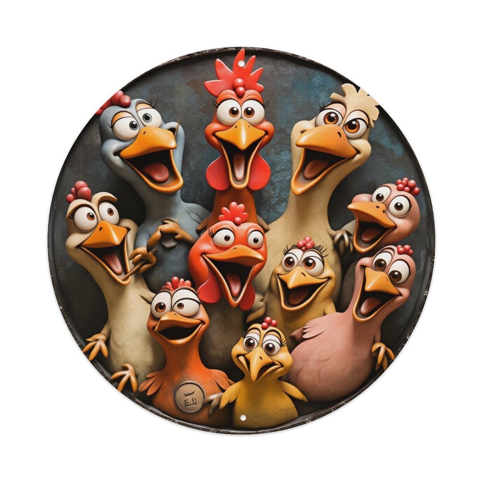 Chicken Duck Rooster Hen Turkey Round Tin Sign Retro Metal Sign for Cafe Bar Pub Home Game Room Gym Club Wall Decoration Vintage Metal Poster 8x8 Inch