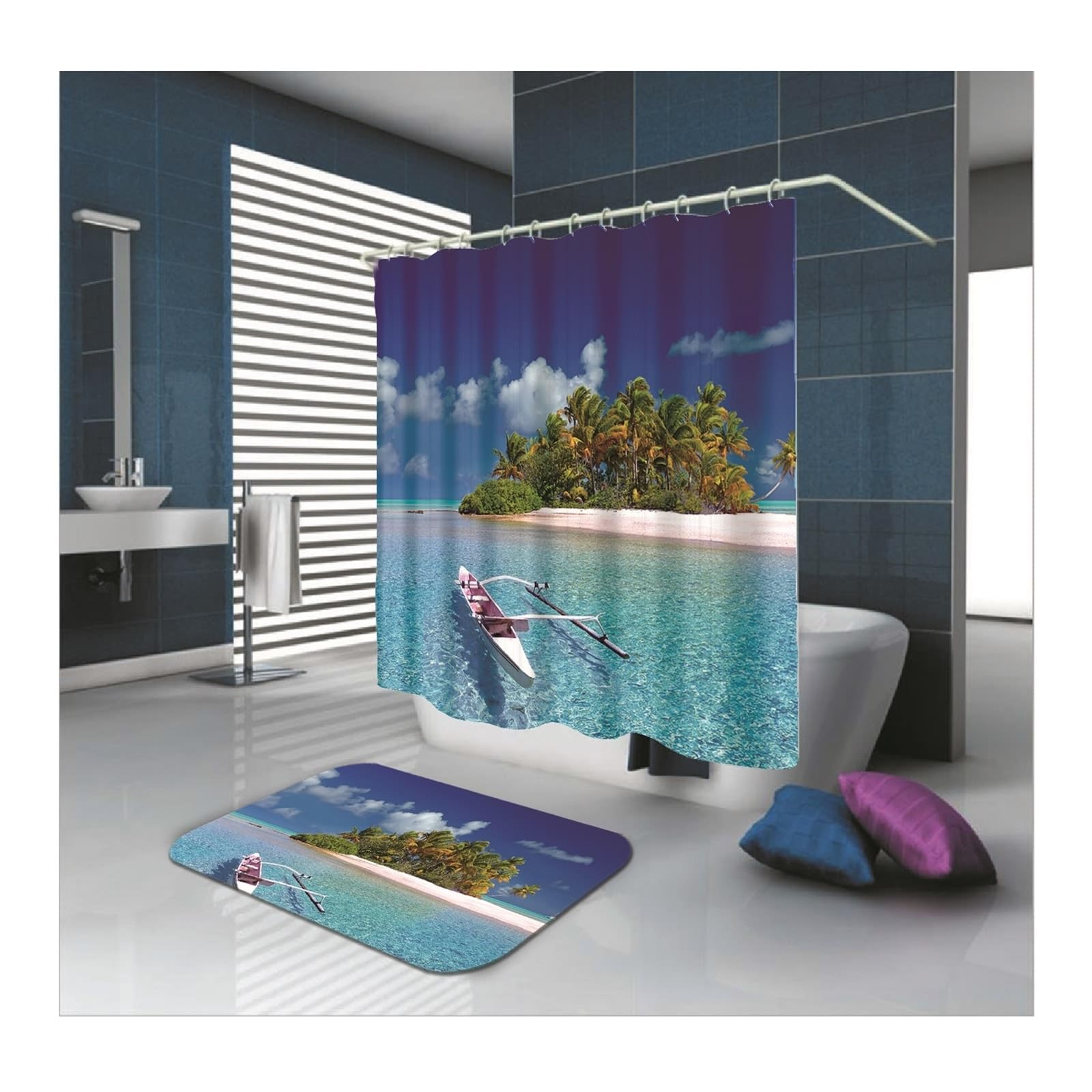 Rideau de douche textile bleu contre l'humidité et les moisissures format standard 180 x 200