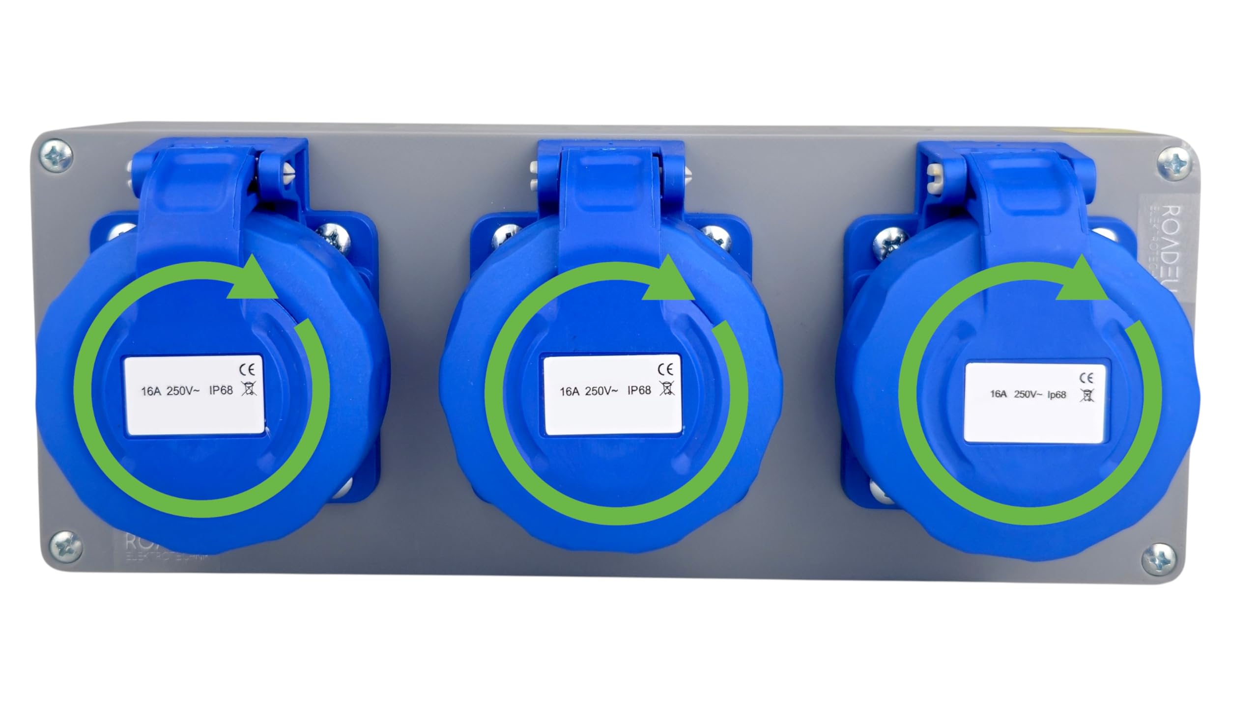 RoadEu – Steckdosenverteiler 3x Schuko 230V | Stromverteiler 16A IP65 Wasserdicht | Außensteckdose | Baustromverteiler mit 2,5mm² Verdrahtung & EU-Komponenten