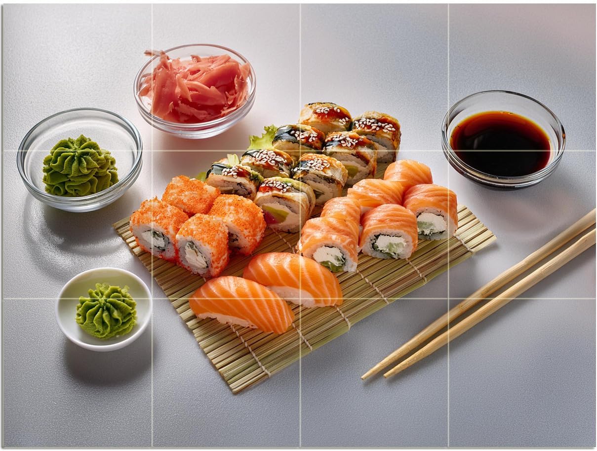 Tile Mural Sushi Salmon Avocado Rolls Kitchen Wall Art Backsplash Marble Ceramic - Picture 6 of 16