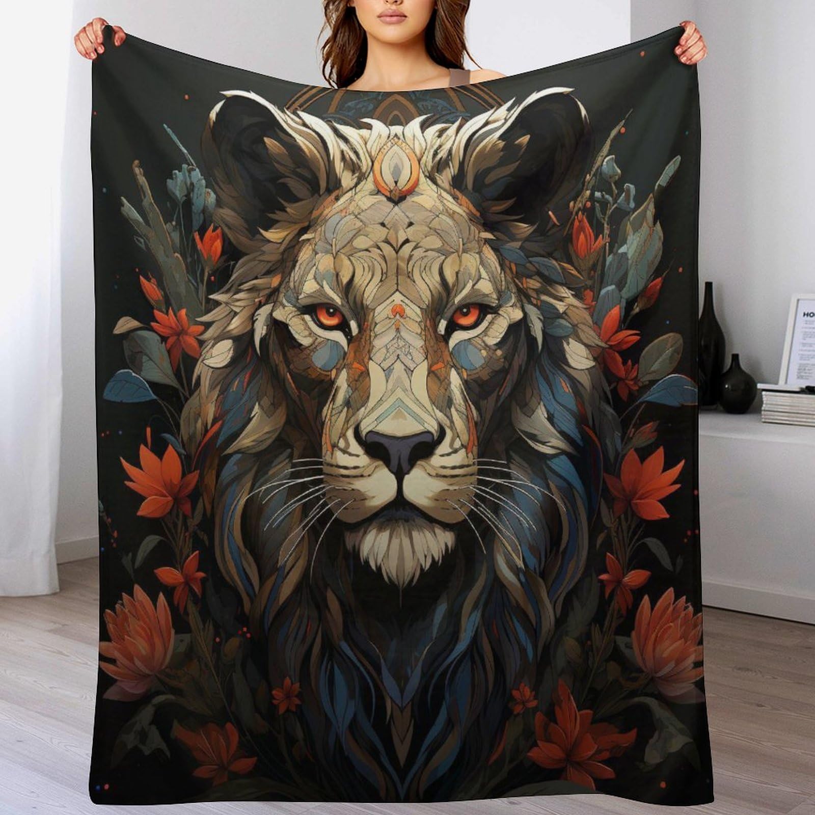 Couvertures salon douce flannel au motif lion avec finitions haut de gamme