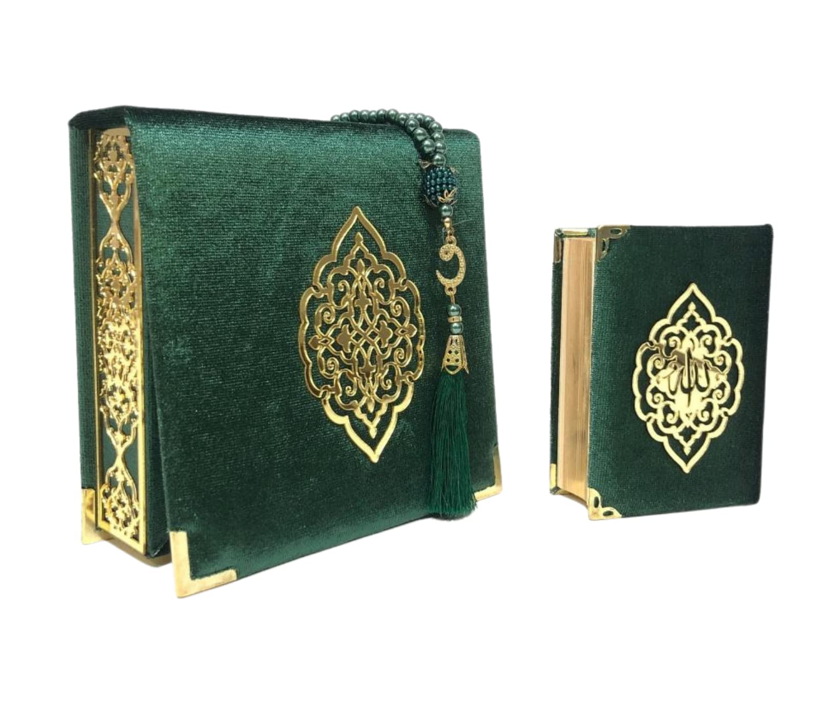 Velvet Quran Pearl Prayer Bead Set, Islamic Gifts for Eid Ramadan, Portable Box, Muslim Home Decor, Figured Gift Boxes Tasbih, Mawlid Present for Wedding, Umrah, Mosque, Praying, Special day (Green)
