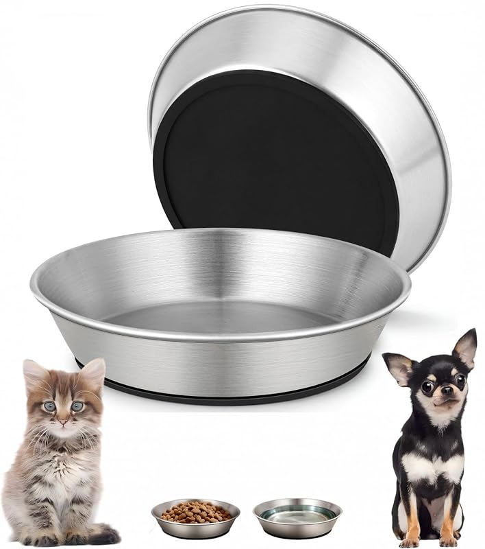 Tigelas rasas e largas para gatos em aço inoxidável SUS304 Faoemsey, pacote com 2 - Black
