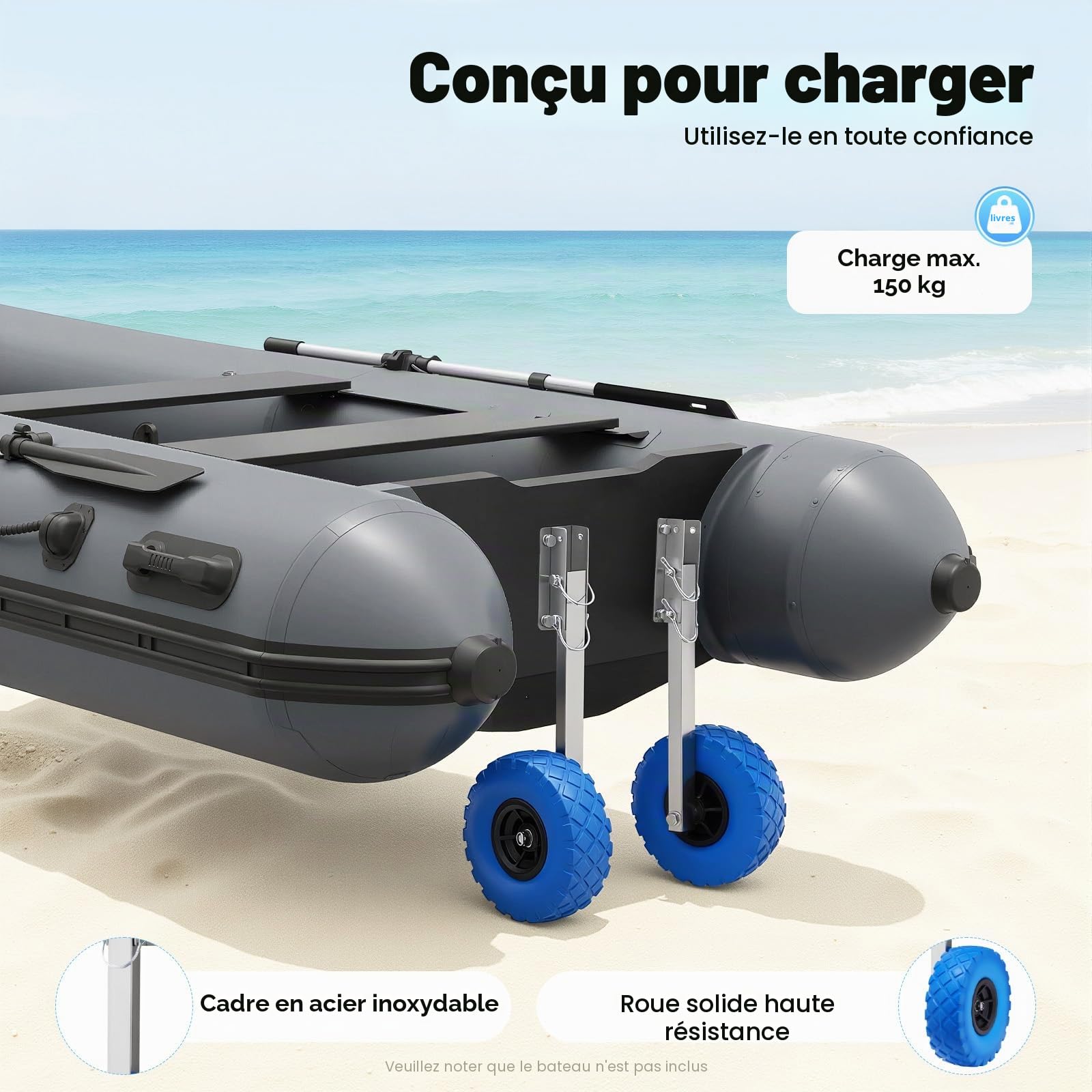 Roues arrière Sliping Roues de transport amovibles en acier inoxydable Roues de bateau Roues de bateau pneumatiques Roues de transport Roues de transport Sliping avec charge de 150 kg pour tous