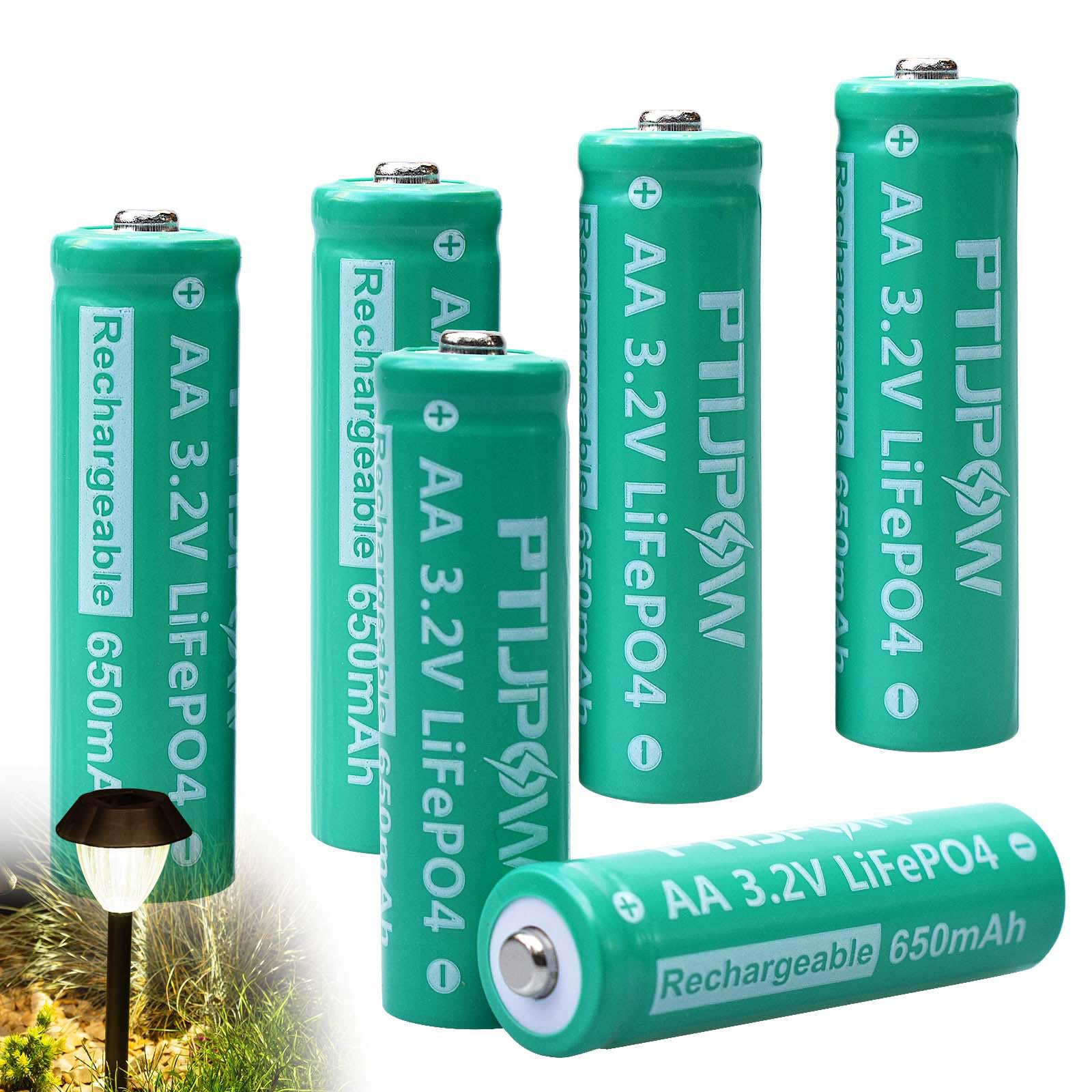 PTIJPOW AA 3.2V LiFePo4 650mAh Solar Battery, AA 3.2V Lithium Iron Phosphate Rechargeable Battery for Garden Solar Light- (6-Pack)