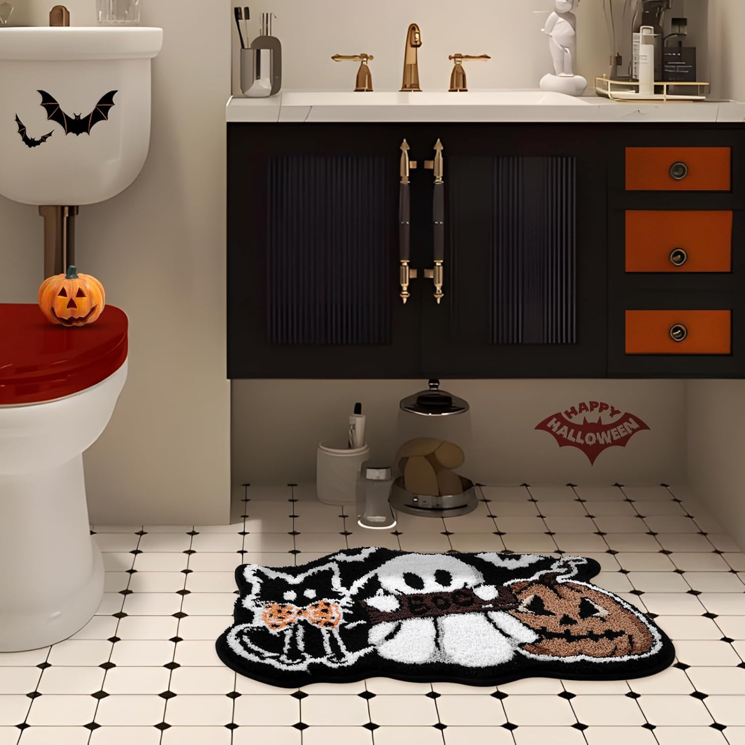 Black Cat Ghost Pumpkin Bath Mat 21x32 Inch, Soft and Absorbent Tufted Halloween Bathroom Rug Non Slip Washable, Halloween Bathroom Decor Rug Holiday Decorations