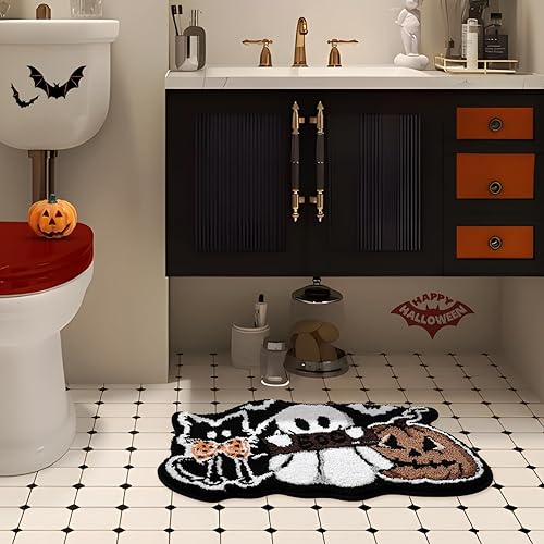 Miniatura 4 de Tapete de baño de gato negro, fantasma, calabaza, 21 x 32 pulgadas, suave y absorbente, tapete de baño de Halloween, antideslizante, lavable,