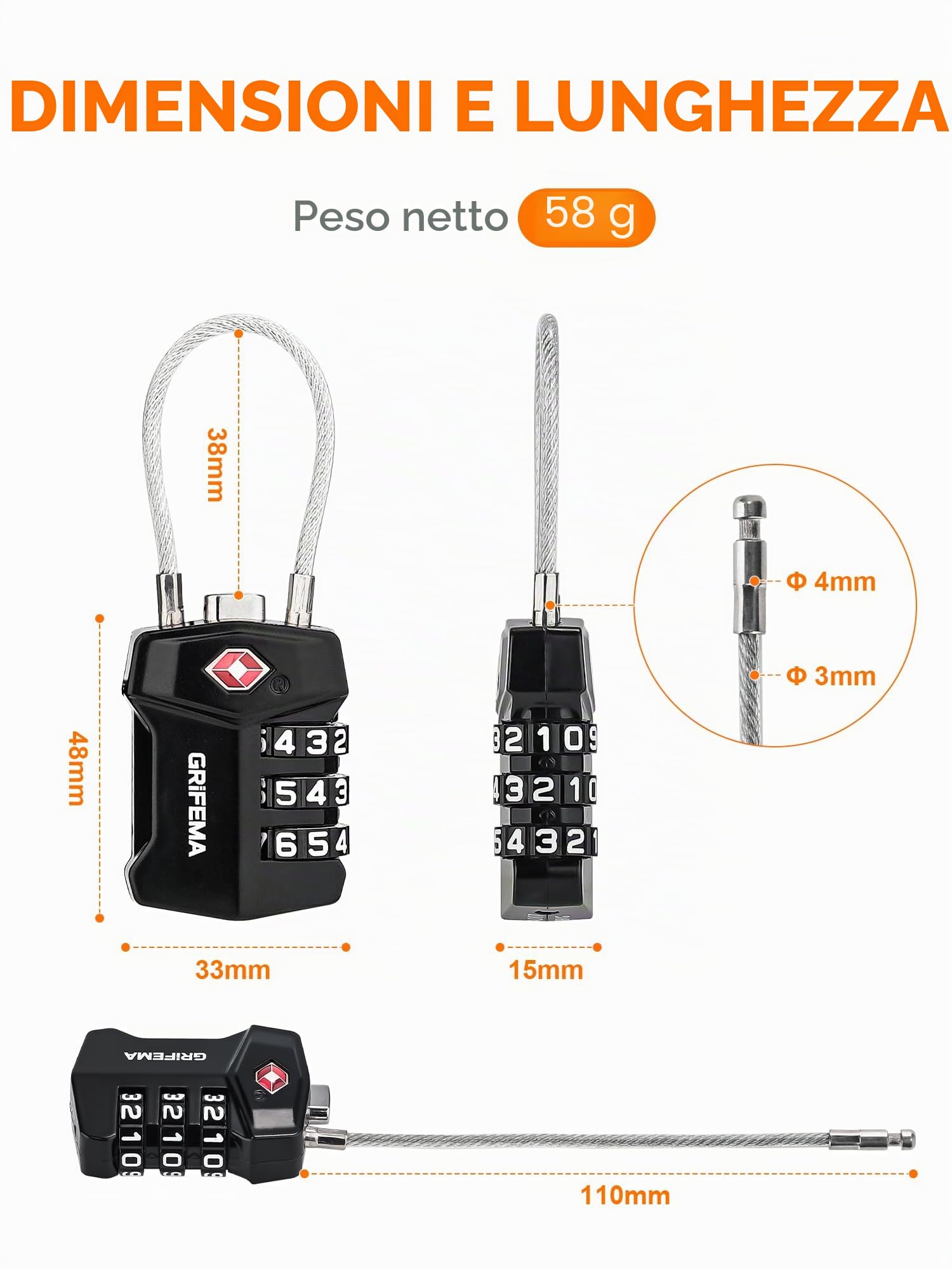 GRIFEMA Lucchetti TSA con Combinazione a 3 Cifre, Cavo Acciaio Flessibile per Valigie, Borse e Viaggi (Confezione Singola, GA1006)