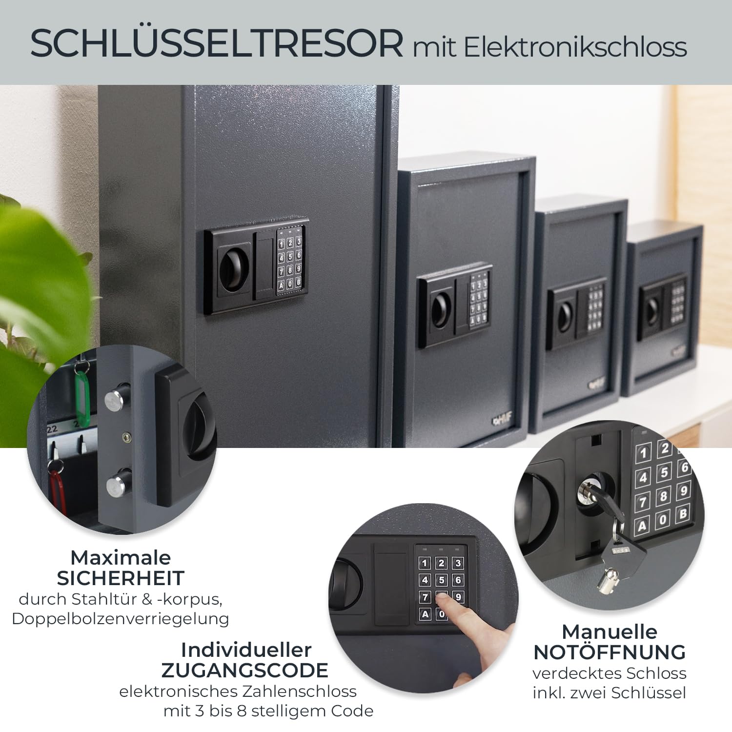 HMF Schlüsseltresor mit Zahlencode, Schlüsselsafe mit Elektronikschloss | 30 Haken | 30 x 28 x 10 cm | Anthrazit