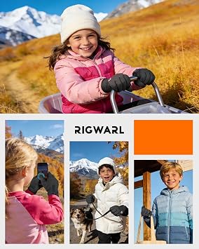 RIGWARL Warm Kids Winter Gloves for Boys Girls, Water-Resistant Touchscreen Gloves with Zipper Cuff, Gifts for Kids Christmas