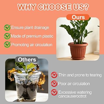 6 Pack Plastic Plant Pots 16cm/6.3-in Flower Pots with Drainage Holes and Tray Modern Decorative Planter Pot Indoor Outdoor Planters for All House Plants