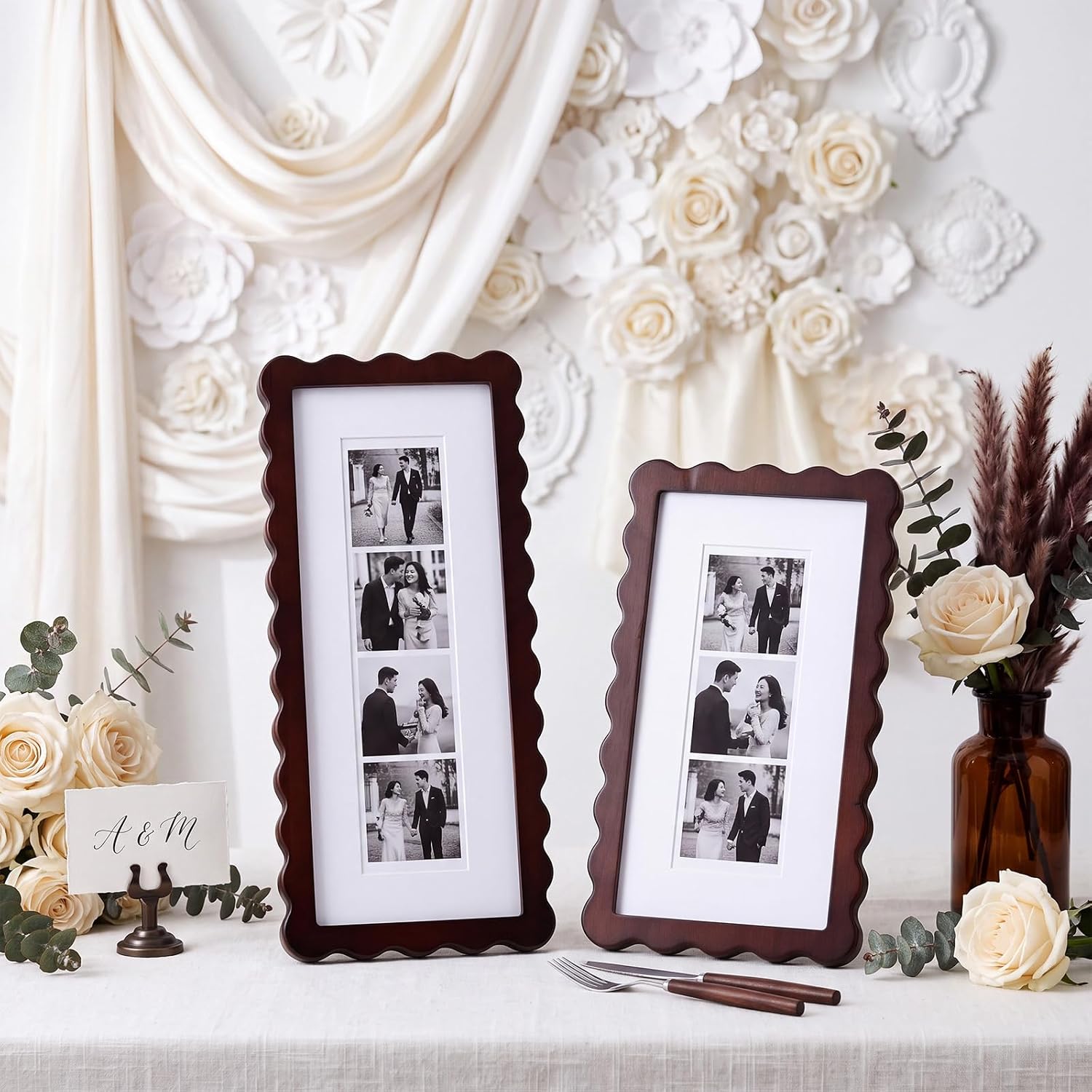 Junkin 2 Pack Photo Booth Frame Scalloped Wood Photo Strip Frames
