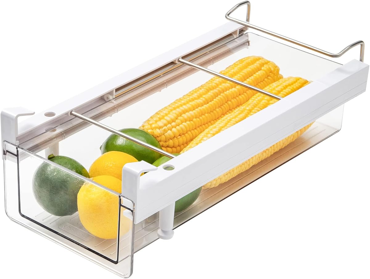 Contenedores organizadores para refrigerador, cajón de plástico transparente para refrigerador con asa, organizador extraíble para cajón de refrigerador, cajón debajo del estante para queso, carnes frías, bebidas, frutas, verduras, resistente-M