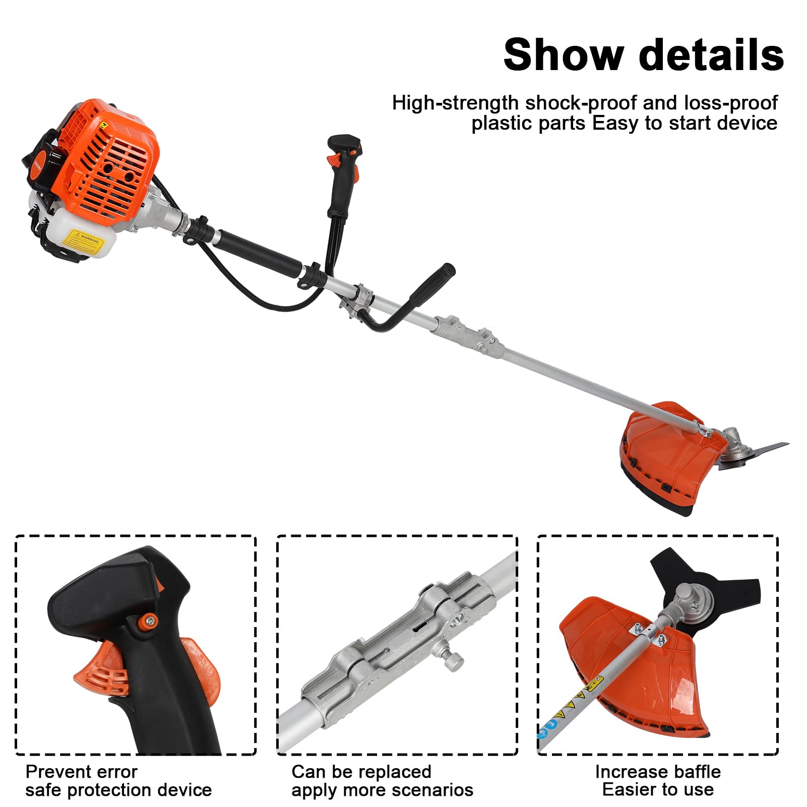 Desbrozadora de gasolina de 52 cc de 2 tiempos 2 en 1 con hoja 3T de 10 pulgadas, motor de arranque rápido, eje desmontable, correa de hombro, mango ergonómico, 2.2 kW 8500 rpm (naranja)