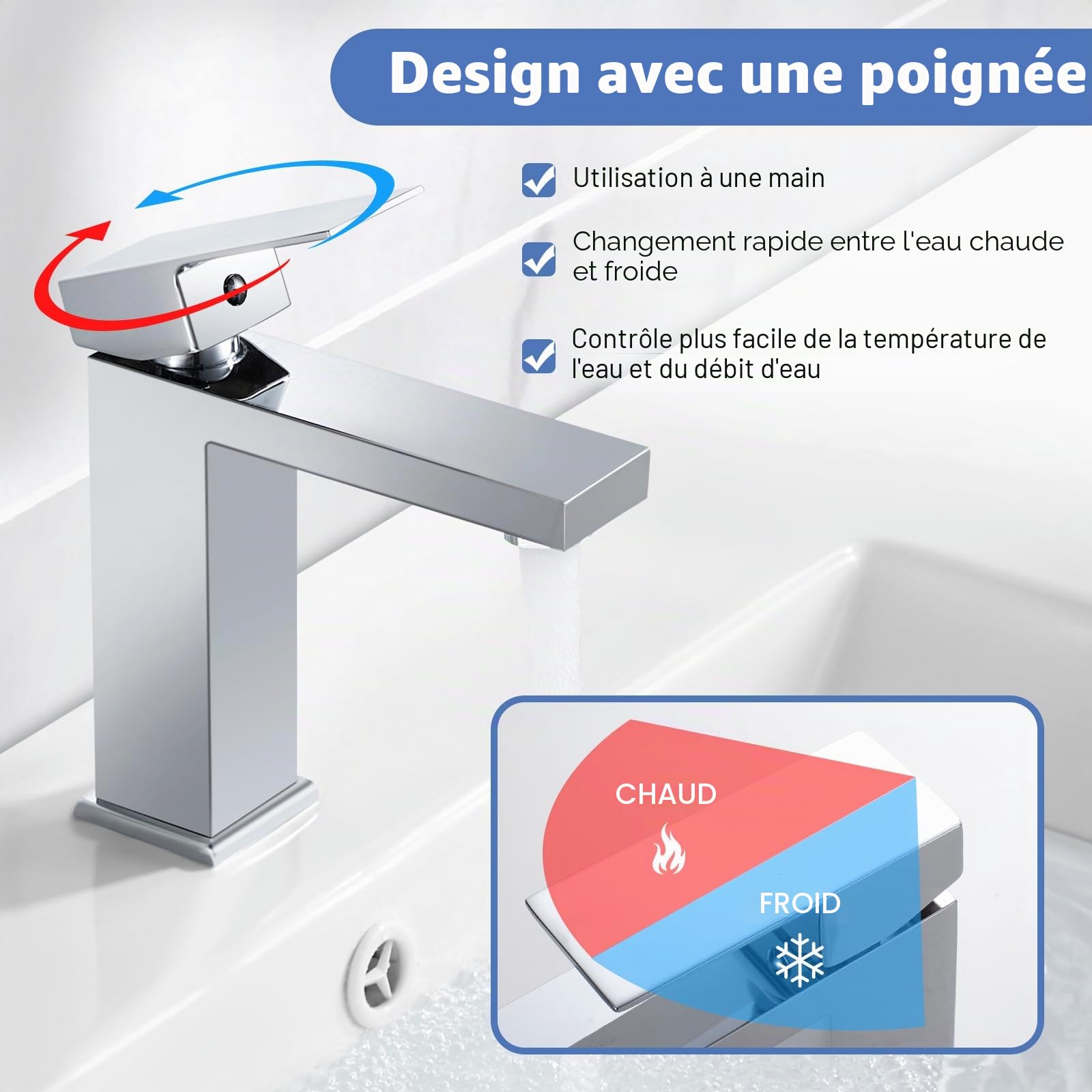 Mitigeur de lavabo carré chromé avec bonde pop-up Mitigeur monocommande pour salle de bain