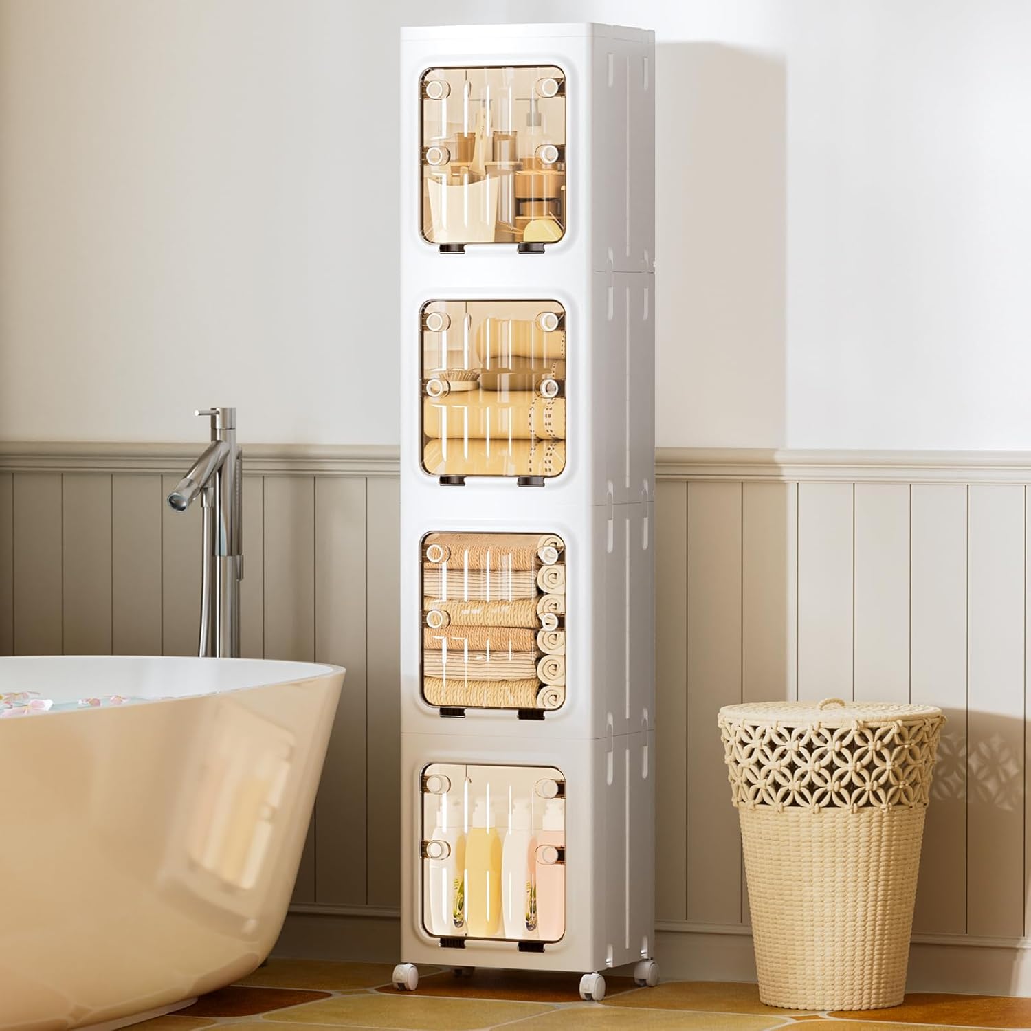 JEKO&JEKO 315 Qt Expanded Bathroom Storage Cabinet, 3-Tier Tall Cabinet Organizer with Wheels, Foldable Plastic Storage Bin for Kitchen, Laundry Room or Home, White