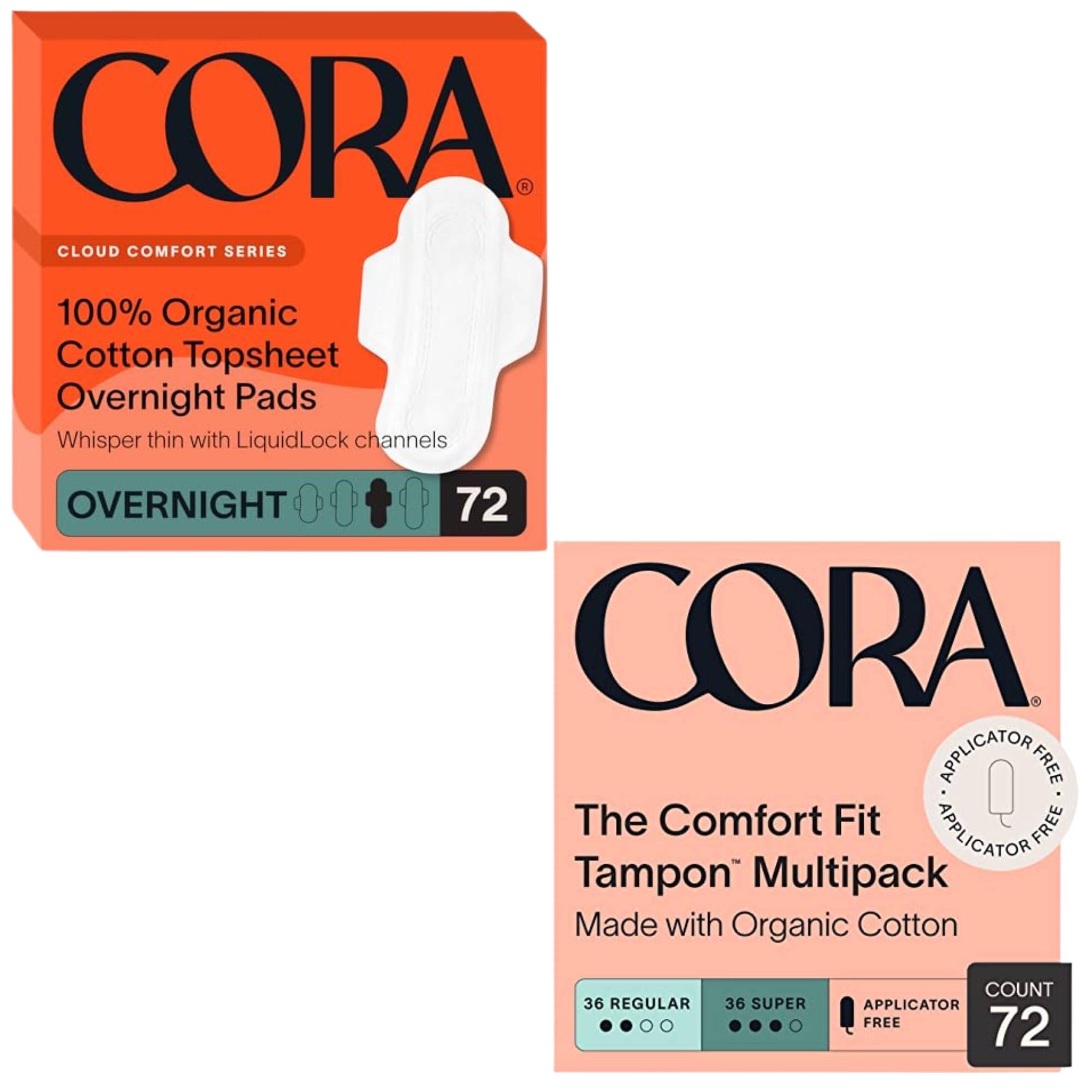 Cora Organic Feminine Care Overnight Pads with Wings and Non-Applicator Tampon Pack Ultra-Absorbent Unscented Natural Non-Toxic 72 Overnight