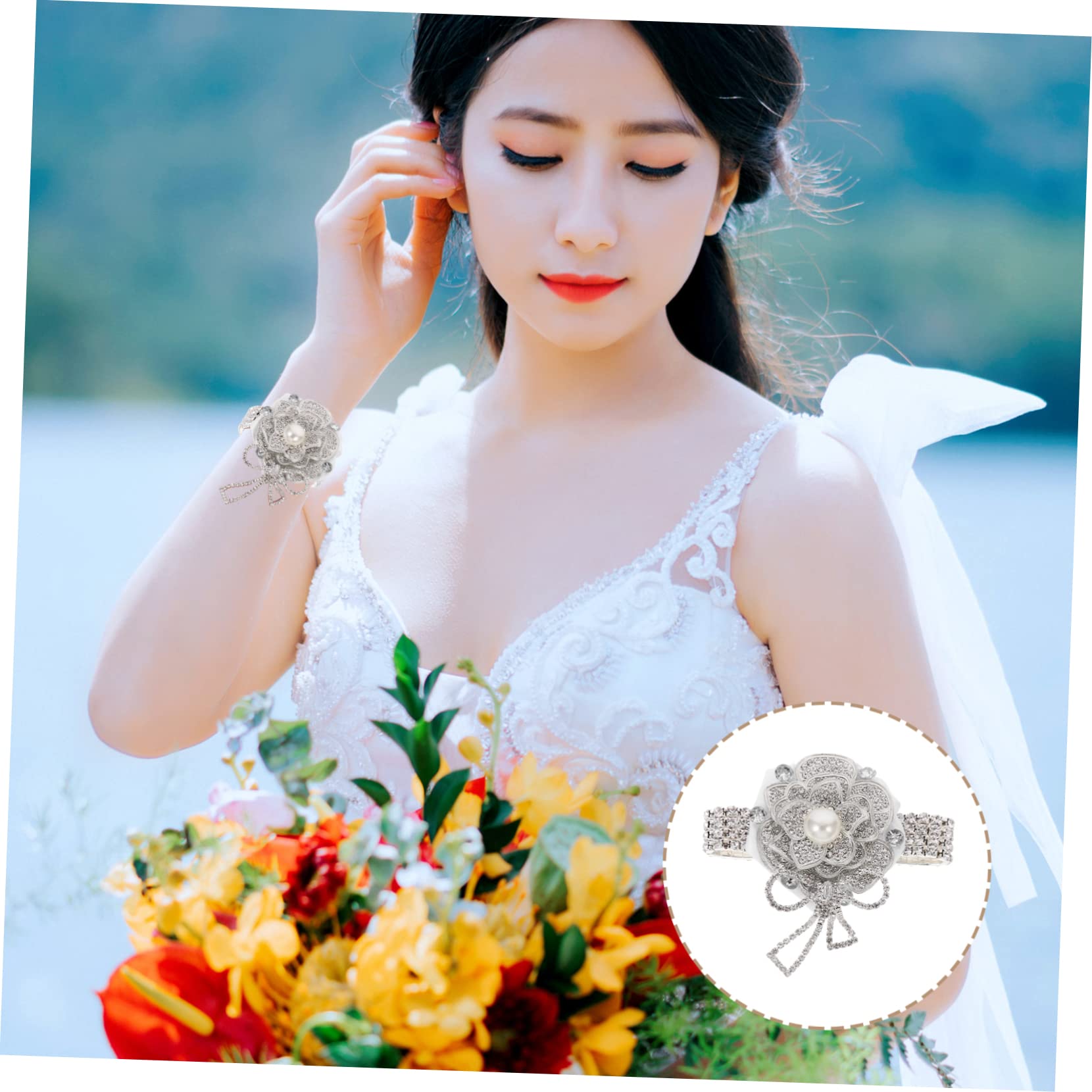 FUNOMOCYA Rhinestone Prom Flower Wrist Corsage Elegant Bridal Wristlet Accessory Crystal Embellished Wedding Wrist Flower 3.15X1.97X1.38In - Image 4