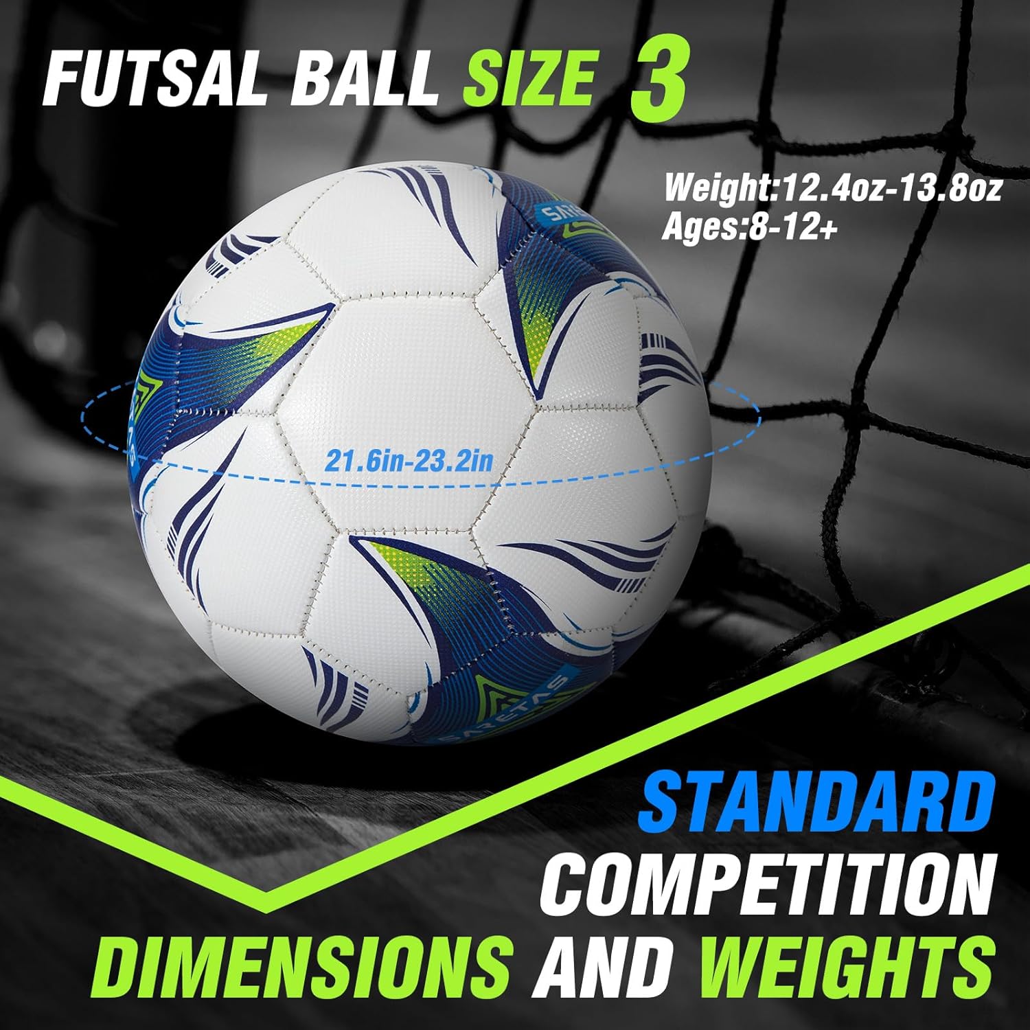 Saretas Size 3/4 Soccer Ball, Futsal Ball&Indoor Soccer Ball Low Bounce Ball, PU Leather Practice Futsal Ball, Official Size and Weight for Age 13+ Boys and Girls