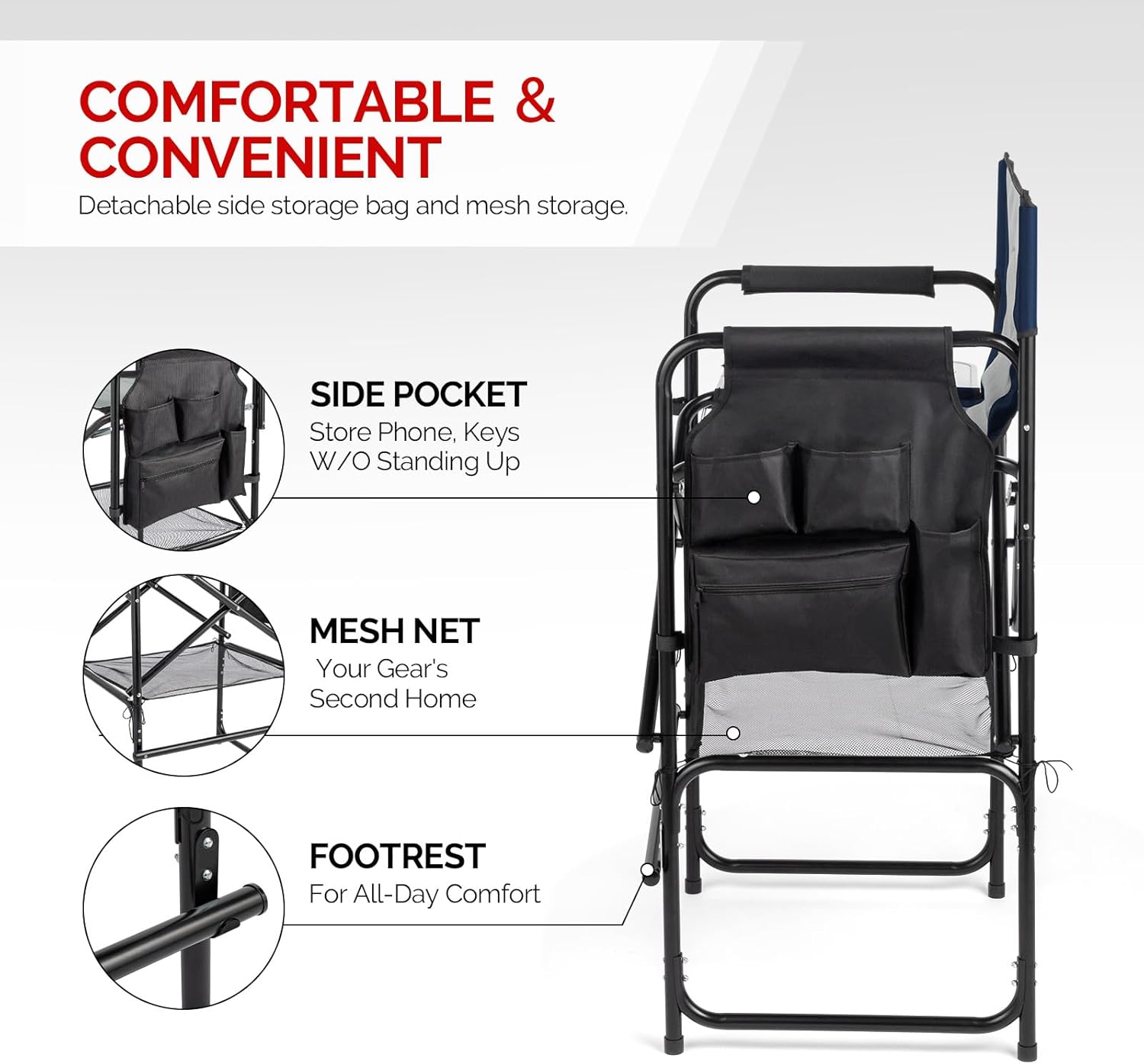 mefeir 31" Extra Tall Director Chair w/Side Table, Heavy-Duty Steel Frame Portable Folding Bar Stool w/Storage Pockets, for Makeup Artist, Salon, Studio, Camping, 300 lbs Capacity (Navy)