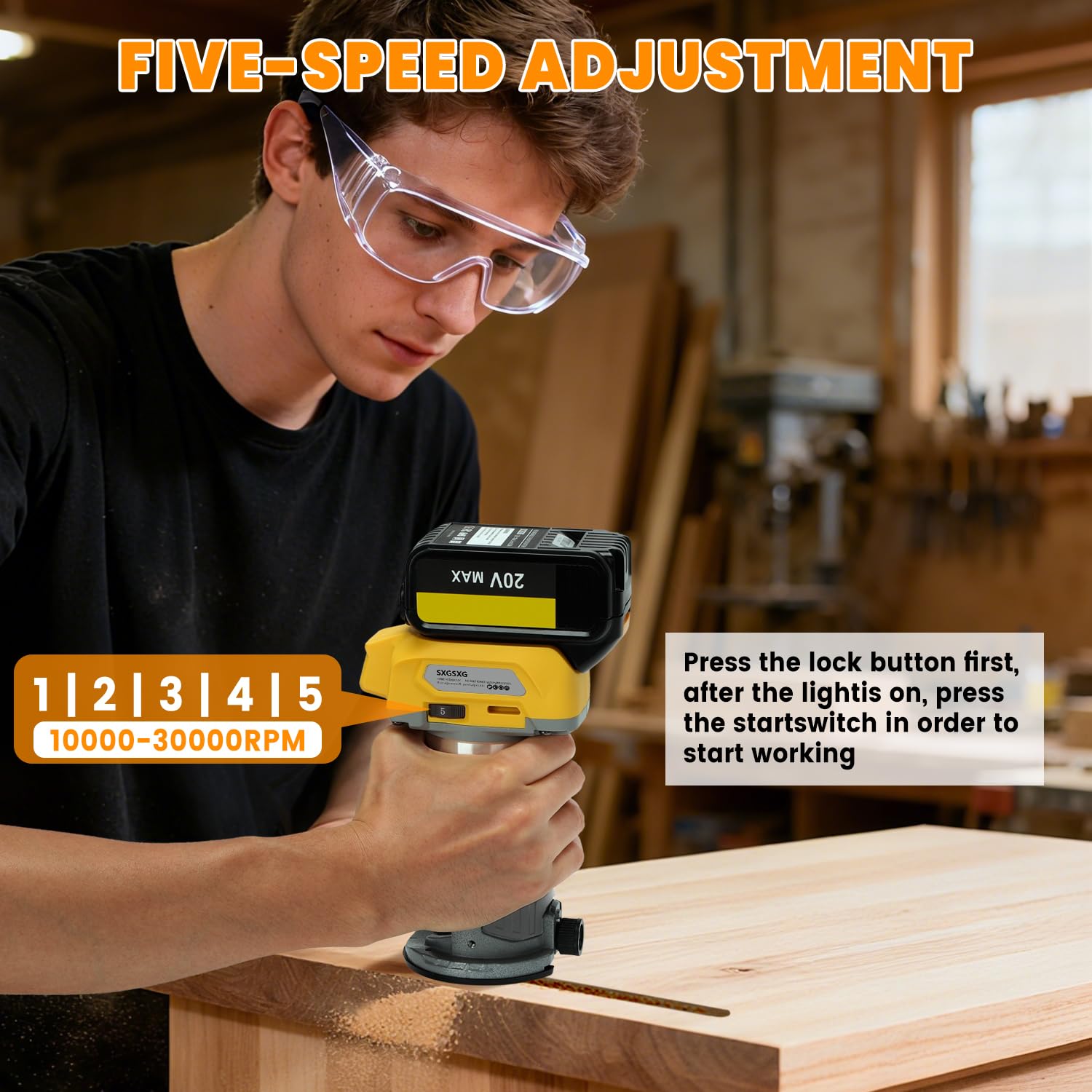 Enrutador de madera compatible con batería Dewalt de 20 V, herramienta de enrutador para 800 W 30000 RPM, 5 velocidades variables, enrutador inalámbrico de base fija, 15 brocas de enrutador de 0.25