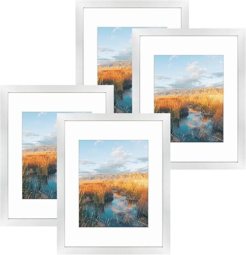 Golden State Art, Portarretratos plateado de 11 x 14 pulgadas con paspartú marfil para mostrar fotos de 8 x 10 pulgadas, cristal real (paquete de 4)