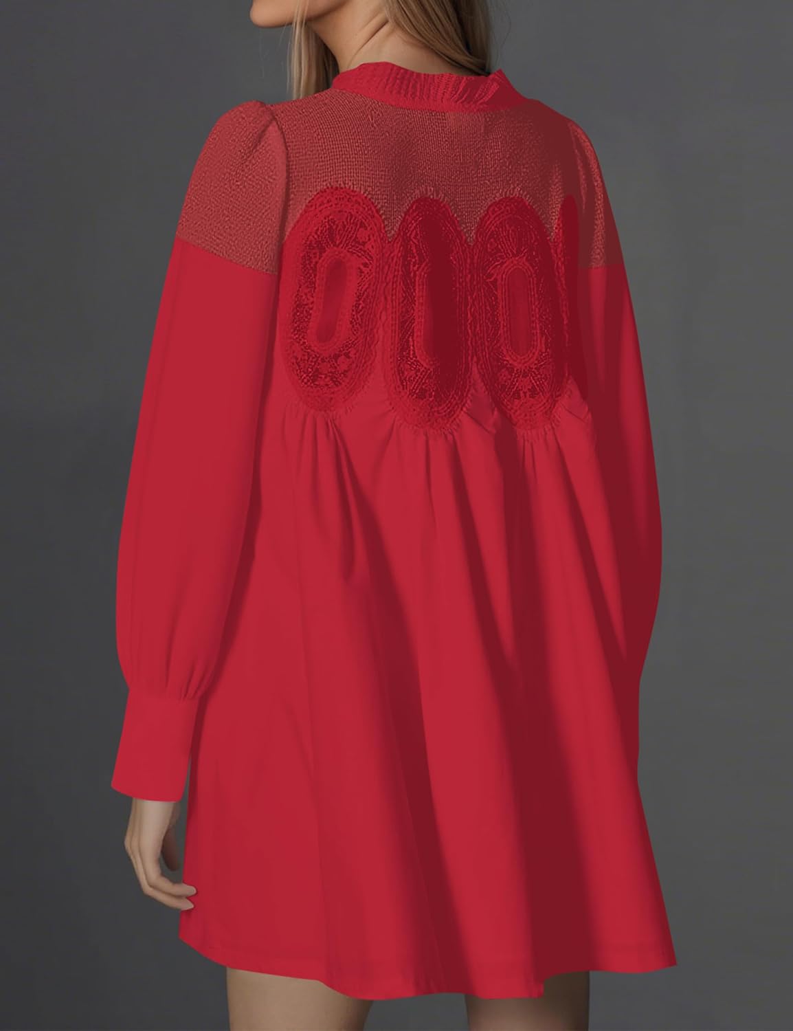 Lace Crochet Mini Babydoll Dress for Women Long Sleeve Ruffle Loose Crew Neck A-line Sheer Mesh Swing Flared Dresses - Image 3