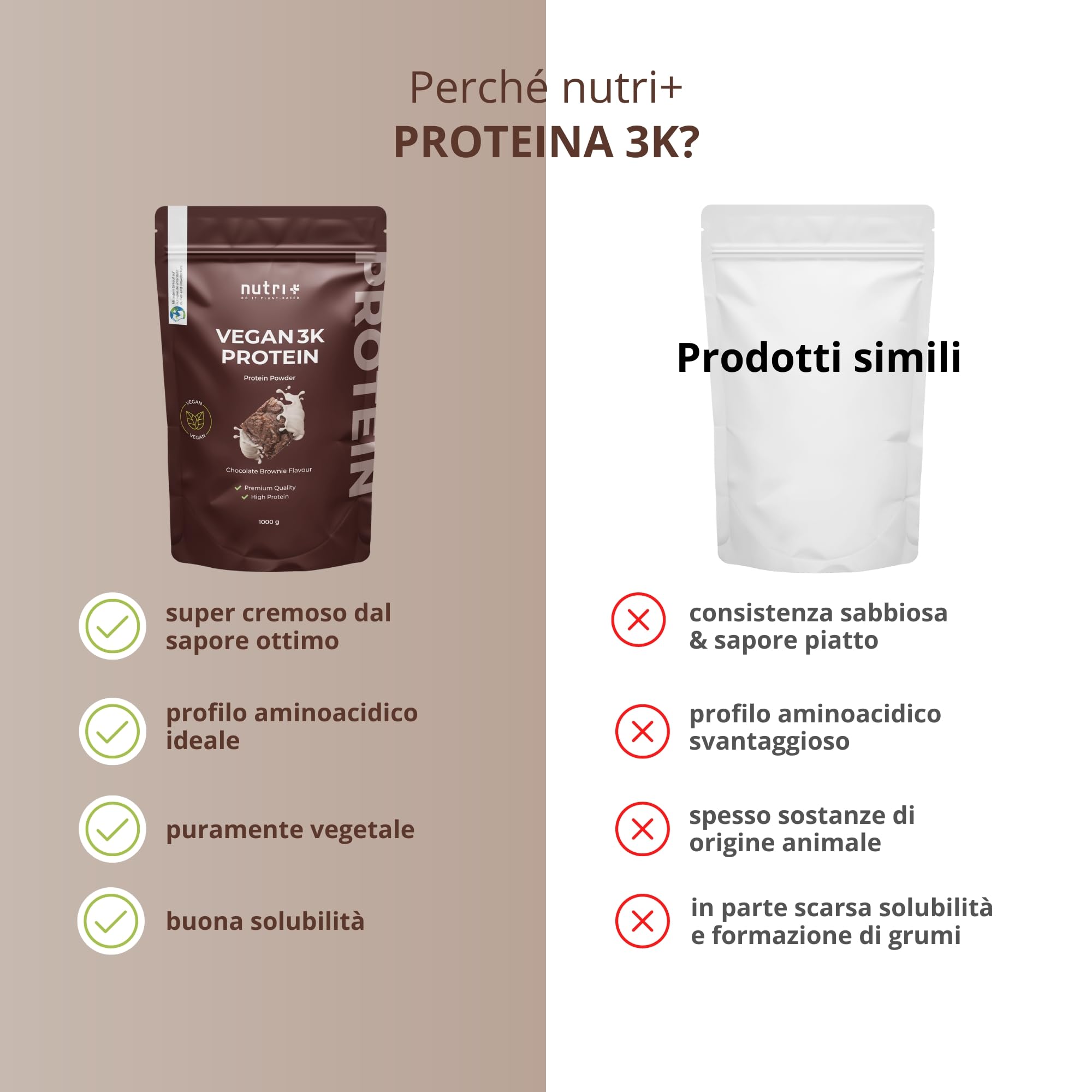 nutri+ Proteina in Polvere 3k vegan Brownie al Cioccolato Proteine - Protein Powder - Polvere Proteica senza Lattosio - Isolato proteico