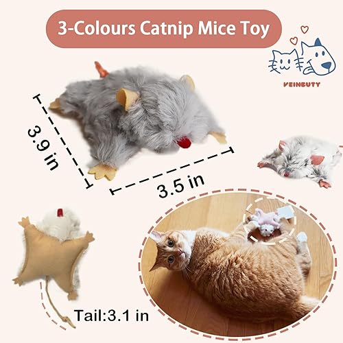 Miniatura 4 de Juguete de ratones para gatos con hierba gatera, 3 piezas de peluche para limpiar los dientes, juguete para masticar gatito, juguete con arruga y