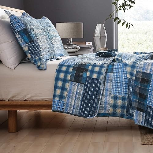 Miniatura 3 de Juego de edredón tamaño Queen colcha de retazos azules a cuadros ropa de cama para hombres y niños colcha reversible para el hogar colcha ligera