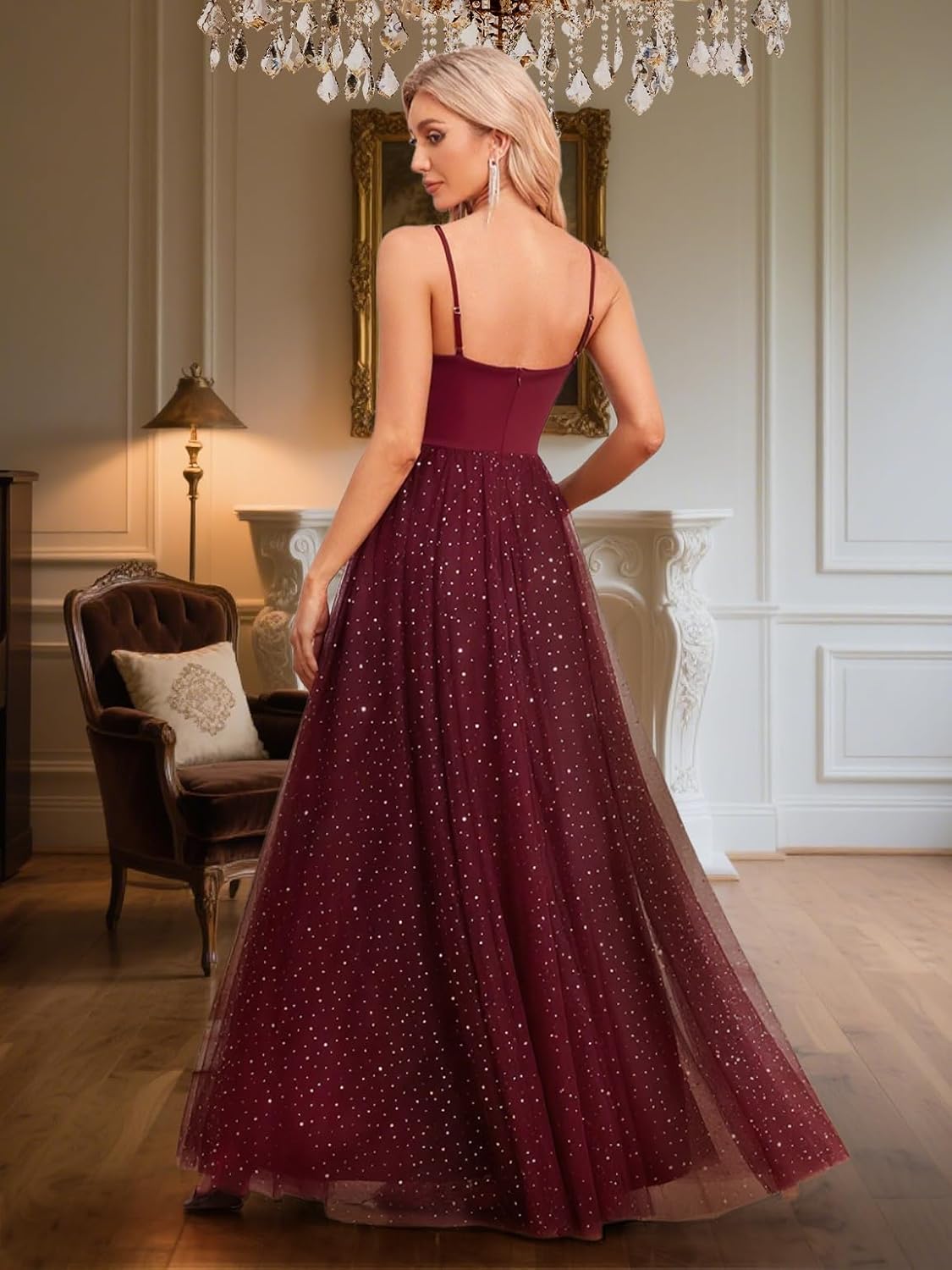 Women's Sparkly Prom Gowns Glitter Sequin Tulle A Line Long Formal Evening Gown Dresses High Waist Maxi Party Dress - Image 3