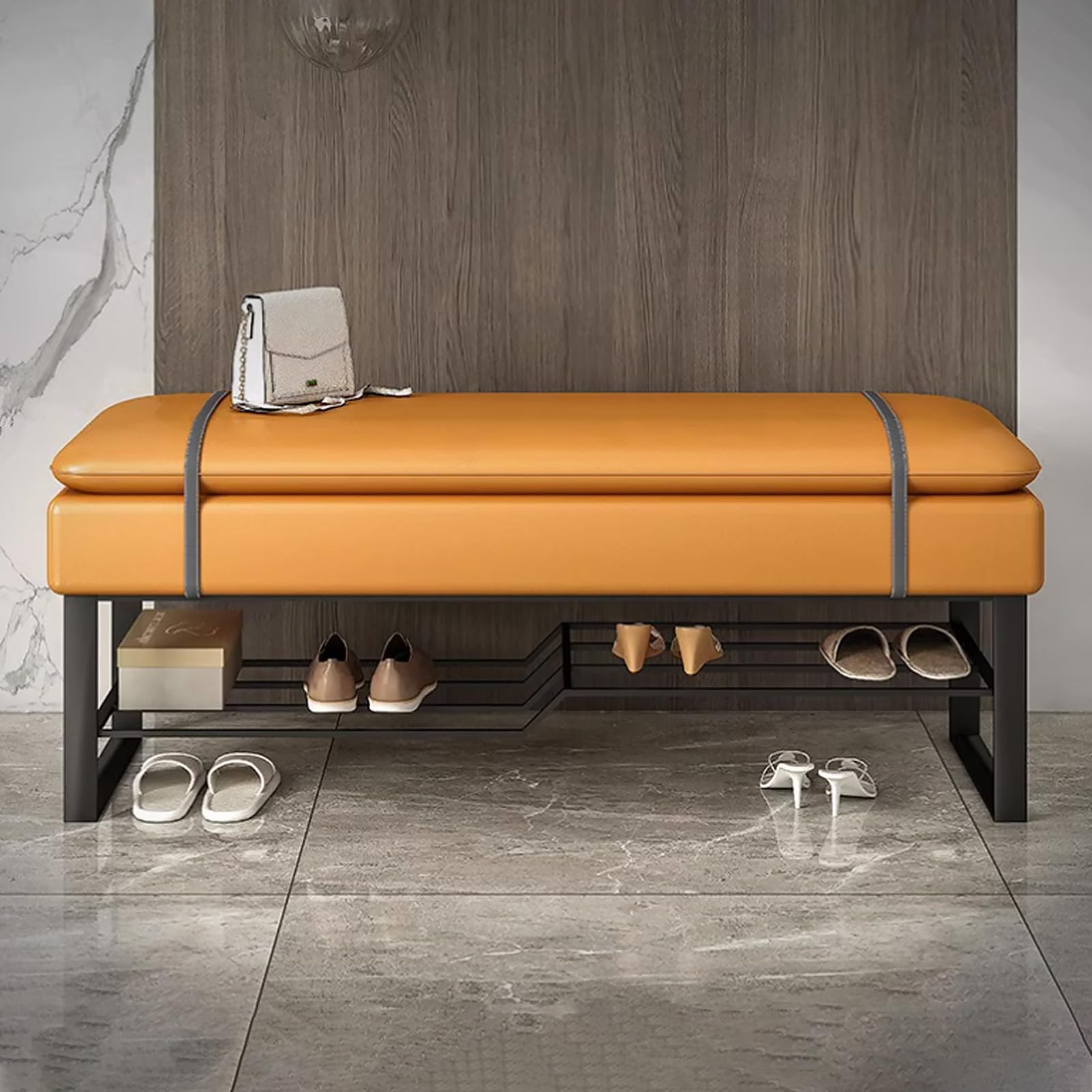 Banc à chaussures d'entrée chic avec rangement cuir pour un couloir ordonné