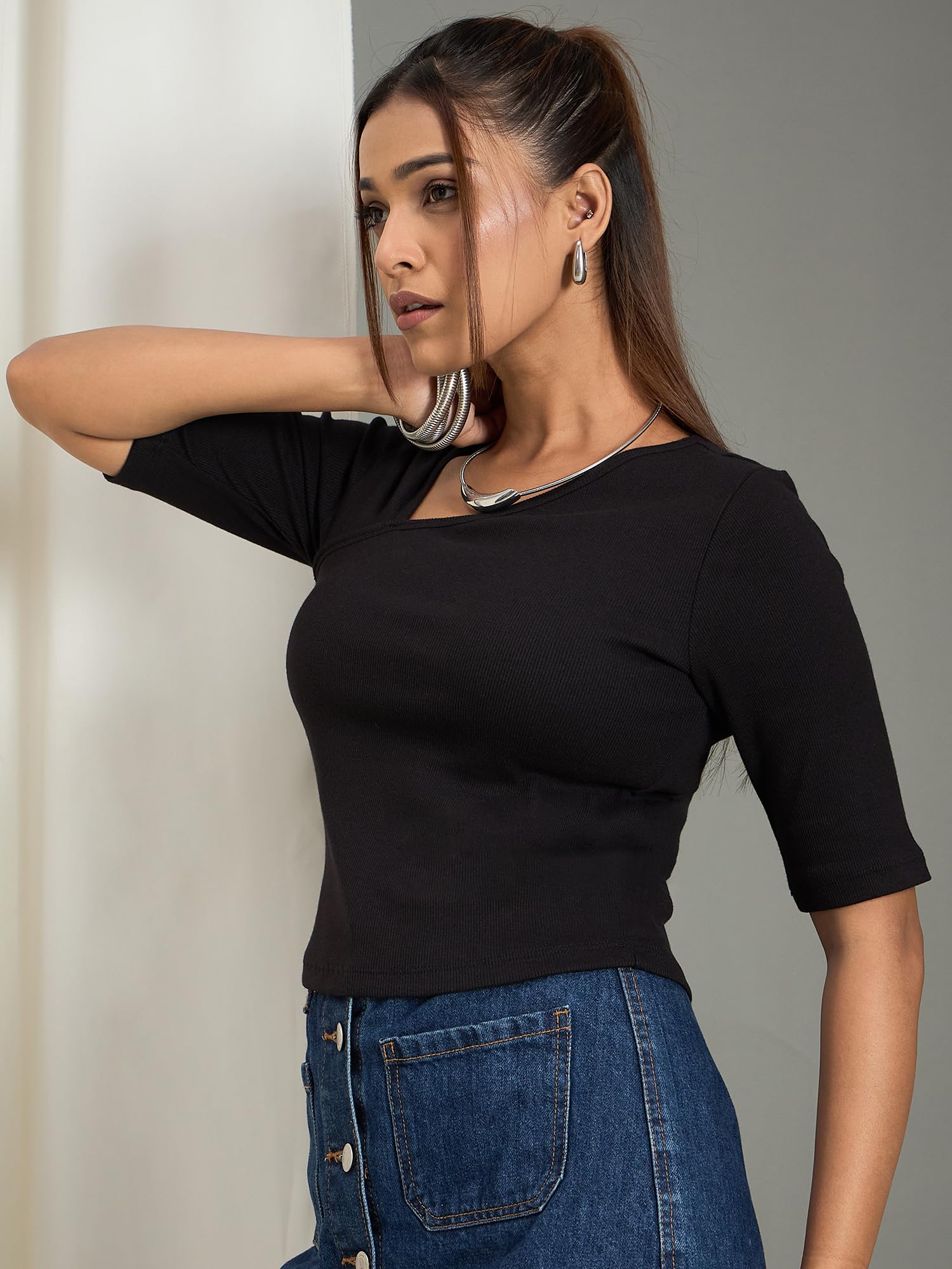 WineRed Women Black Asymmetrical Neck Ribbed Top 1