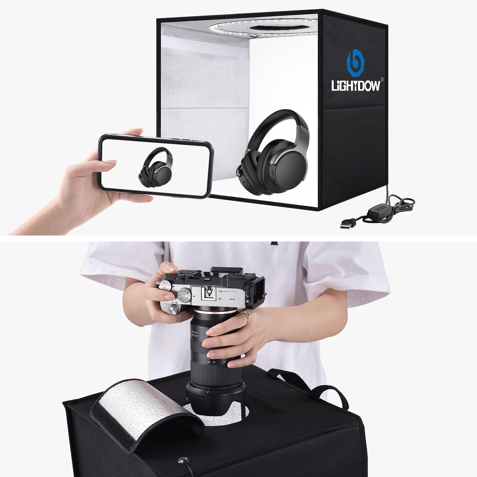 Lightdow Boîte à lumière pour photographie, 30 cm x 30,5 cm, mini tente de prise de vue portable avec 120 lumières LED à intensité variable et 6 toiles de fond, boîte photo pour petits produits