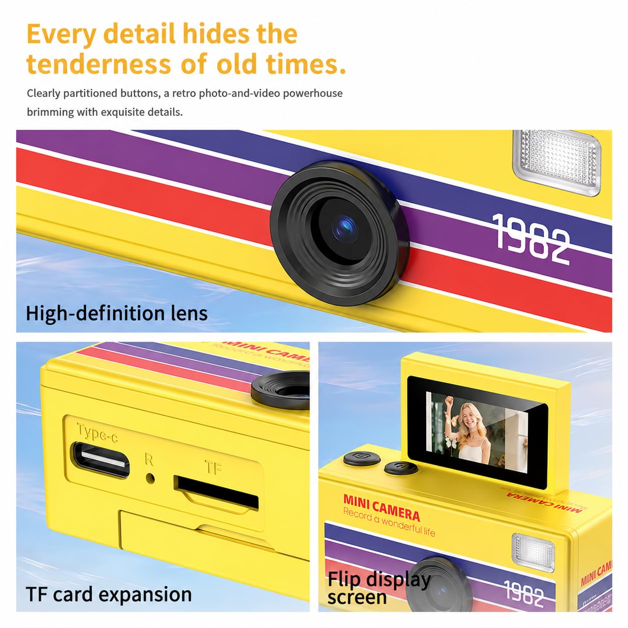 Nano Cam G6 NEW Model 2026 LK-030, Selfie Function, Mini Keychain Digitalkamera mit Flip-Up-Screen, Retro-Design,Retro Cam, bis 128GB (Lemon Yellow)