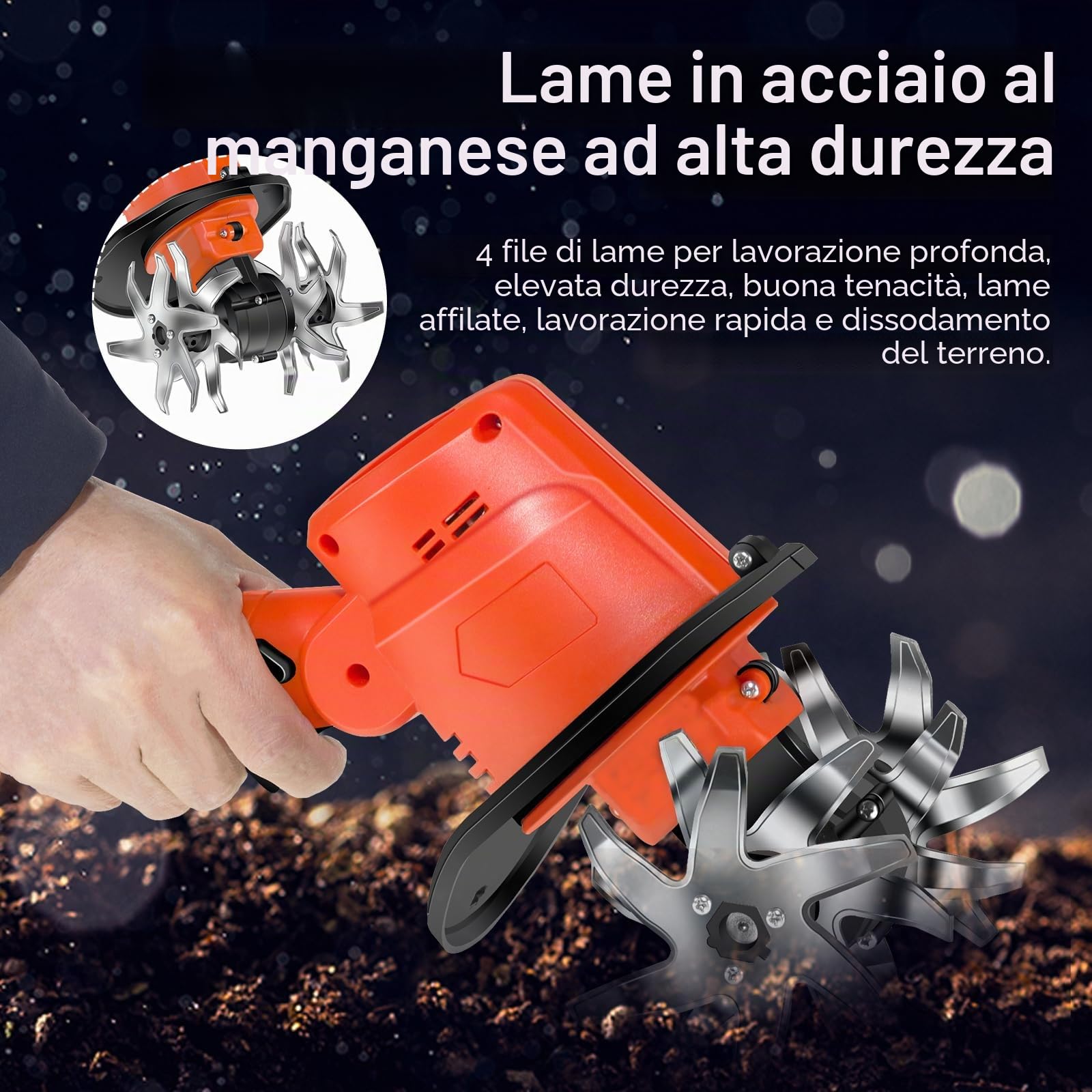 Motocicletta elettrica, 21 V portatile Motocoltore con 2 batterie 3000 mAh e ricarica, mini motobineuse senza fili con 4 file di denti, coltivatore per orto, cantiere, coltivazione del suolo