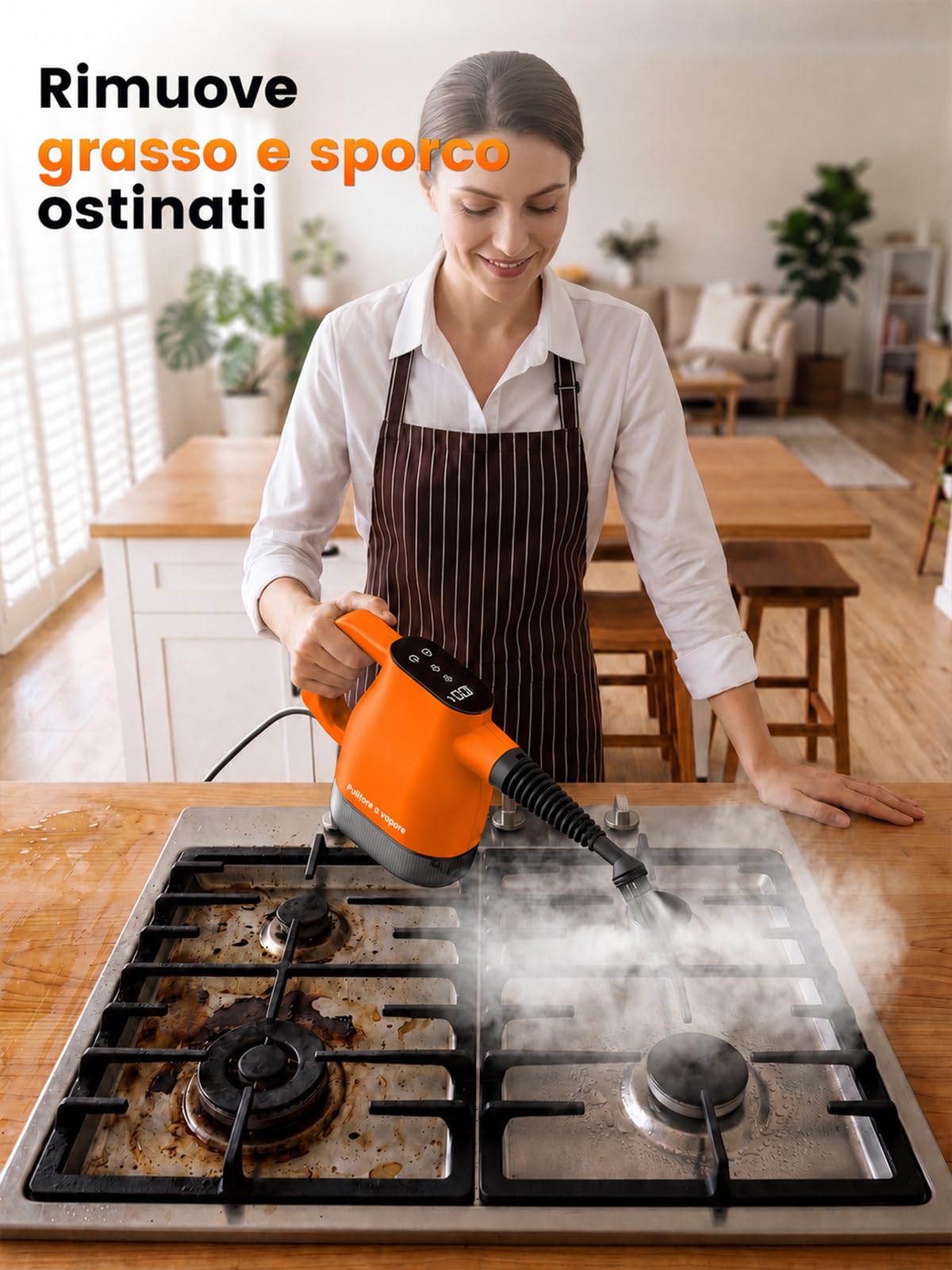 Limpiador a vapor de mano a presión con pantalla táctil inteligente, 1350W, cable de alimentación de 4m, Naranja