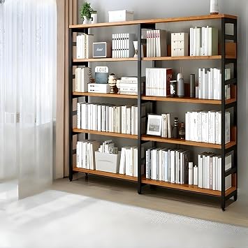 LITFAD Modern Storage Rack Oak Metal Bookcase Open Back Floor Bookshelf for Home Study Room Office - 71" L x 12" W x 60" H