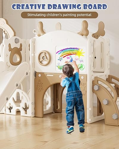 Miniatura 7 de YUFU Tobogán infantil 13 en 1 para niños pequeños, juego de toboganes con columpio, golf, tabla de dibujo, aro de baloncesto y pelota, parque