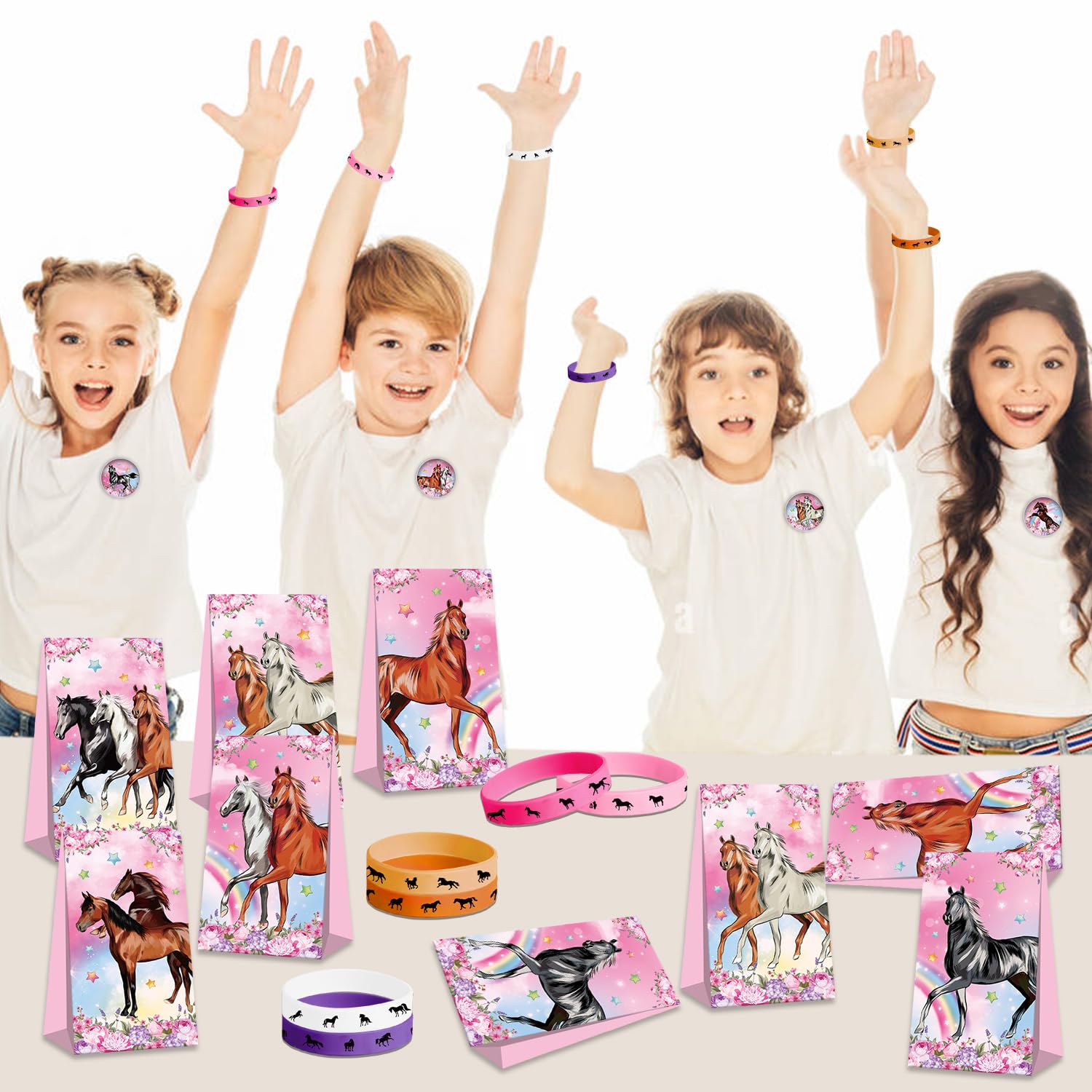 Bomboniere per feste a forma di cavallo rosa, 41 adesivi a forma di cavallo, 12 sacchetti per regali, 12 badge a bottone, 12 portachiavi, 12 mini quaderni, 12 braccialetti in gomma per ragazze, donne