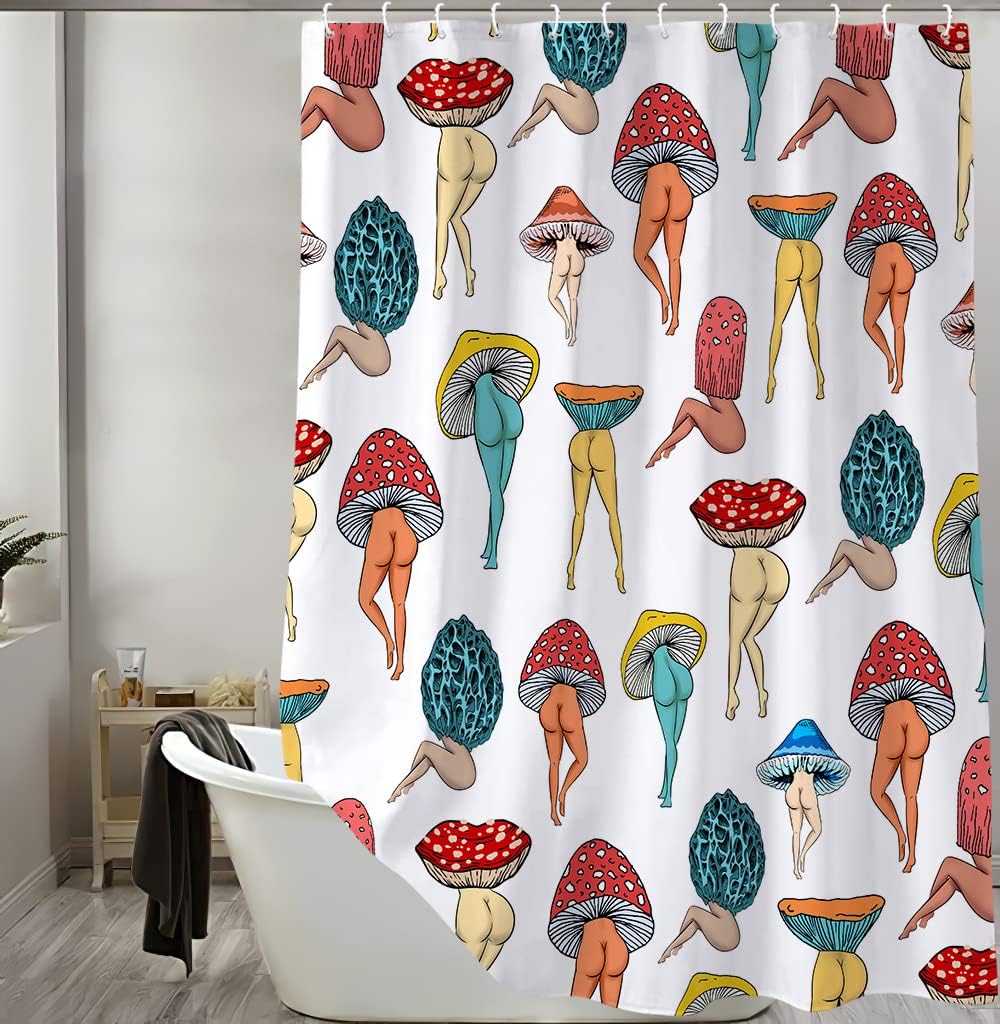 Funny Mushroom Butt Shower Curtain, Fun Cute Sexy Butt 70S 80S Fabric Shower Curtains for Bathroom Hippie Psychedelic Aesthetic Colorful Unique Cool Cloth Bathroom Curtain with 12 Hooks 70X84IN